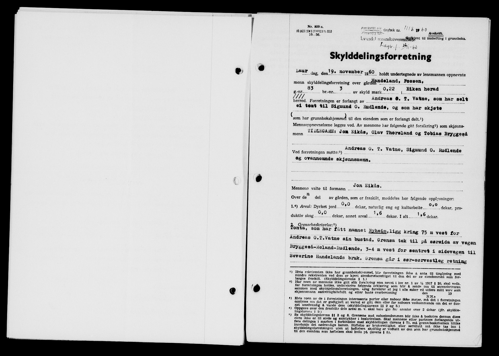 Lyngdal sorenskriveri, AV/SAK-1221-0004/G/Gb/L0680: Mortgage book no. A XXVI, 1960-1960, Diary no: : 1118/1960