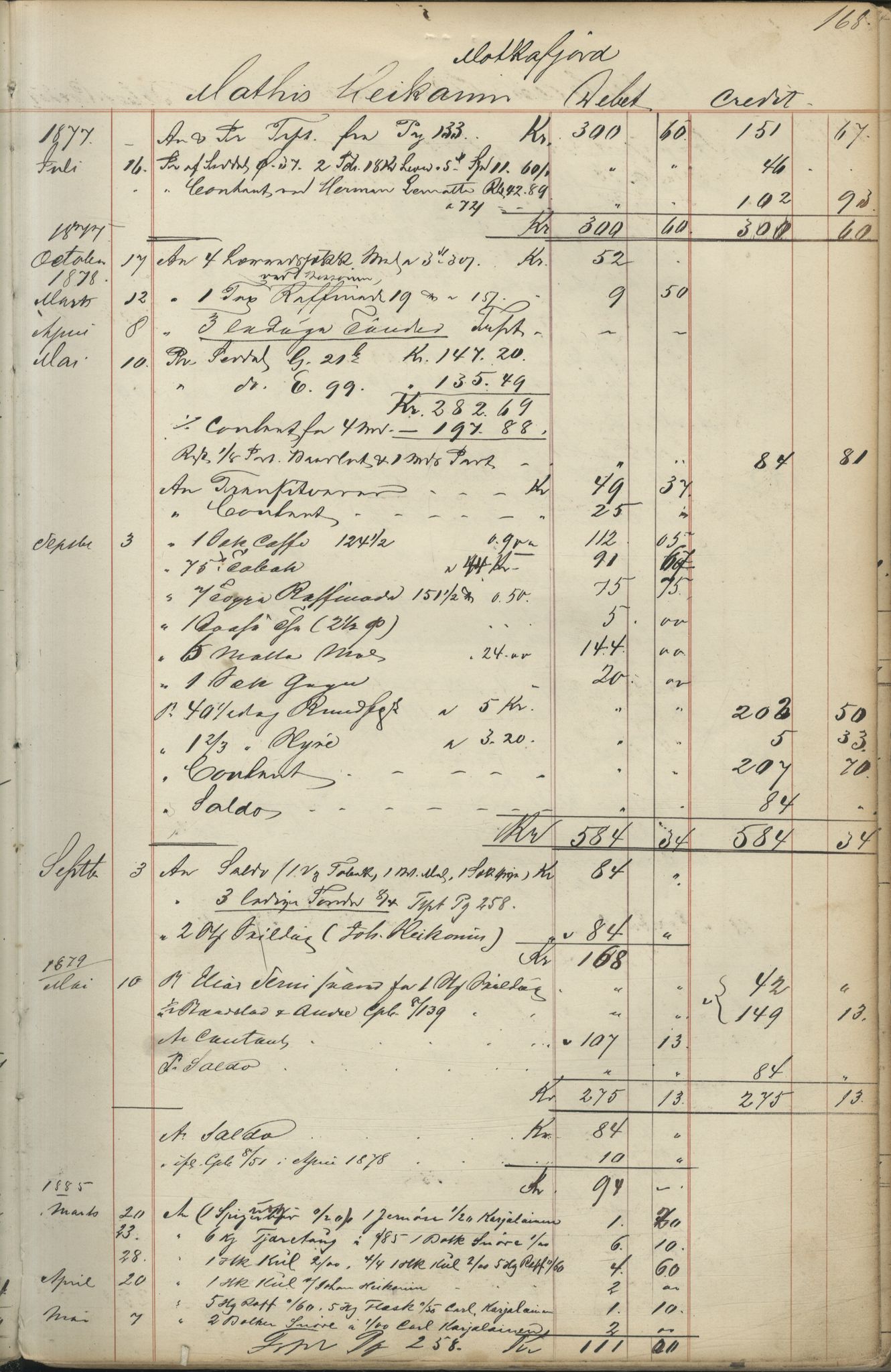 Brodtkorb handel A/S, VAMU/A-0001/F/Fc/L0001/0001: Konto for kvener og nordmenn på Kolahalvøya  / Conto for Kvæner og Nordmænd paa Russefinmarken No 1, 1868-1894, p. 168