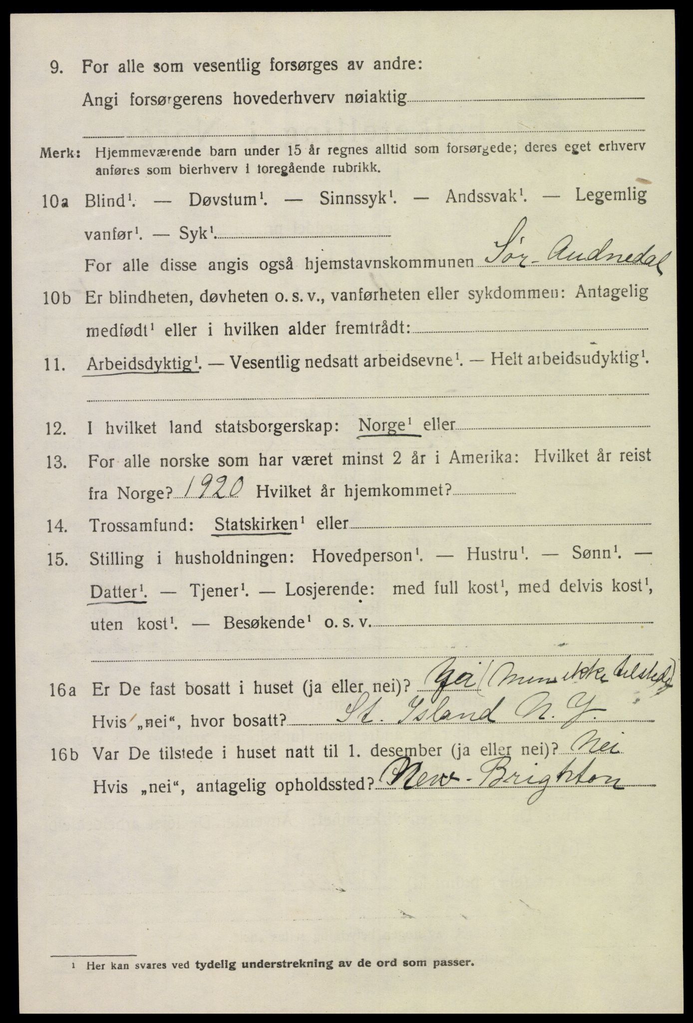 SAK, 1920 census for Sør-Audnedal, 1920, p. 2606