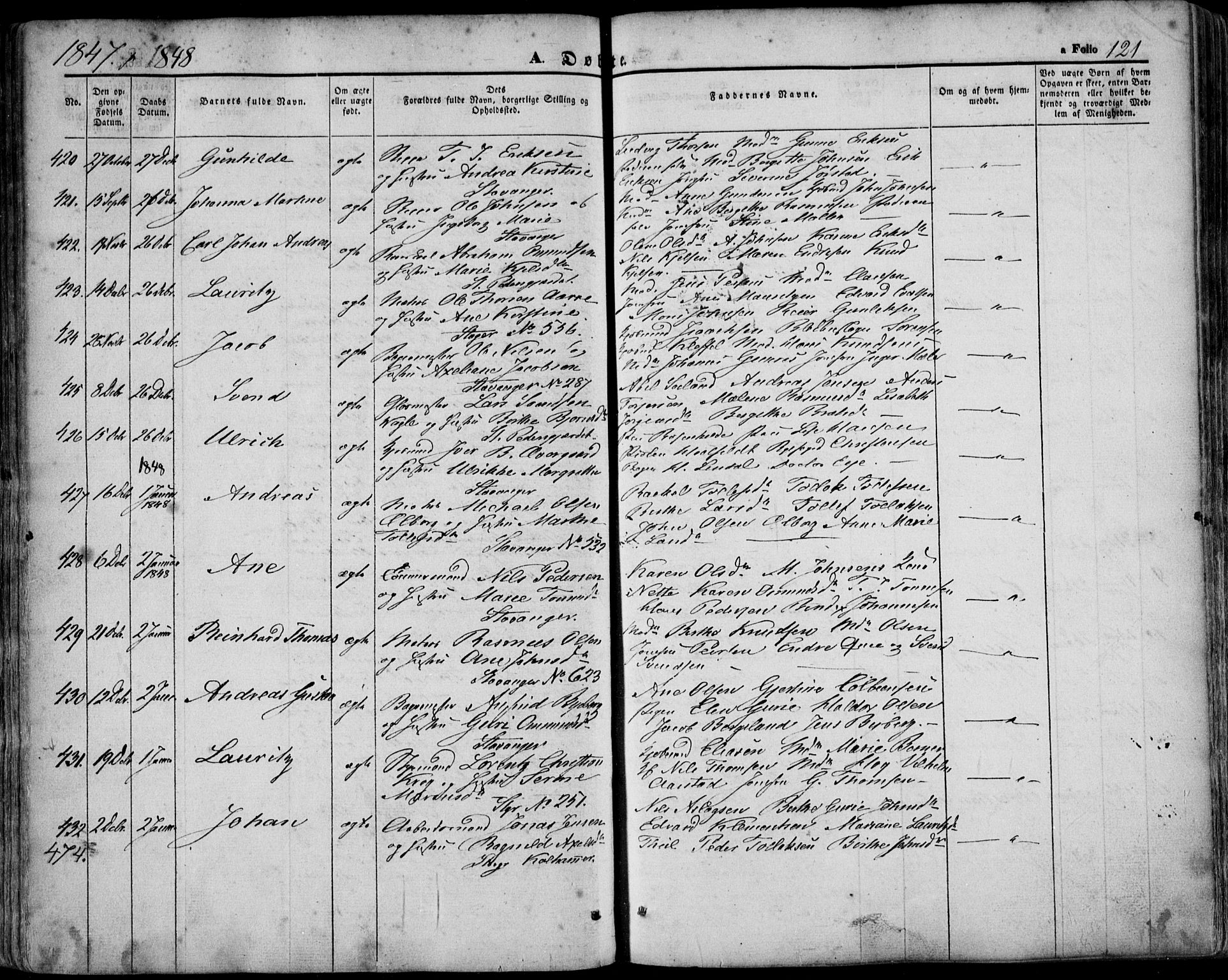 Domkirken sokneprestkontor, AV/SAST-A-101812/001/30/30BA/L0016: Parish register (official) no. A 15, 1844-1854, p. 121