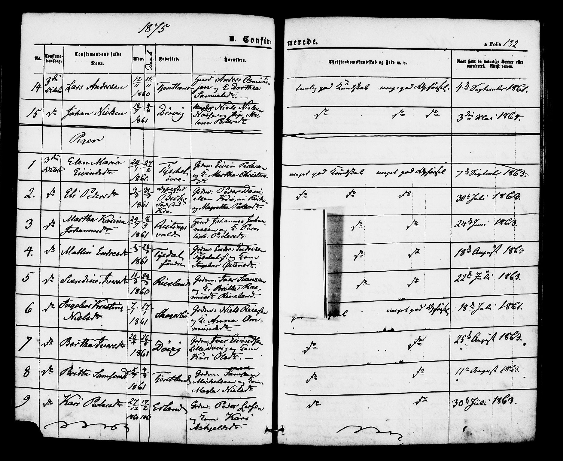 Hjelmeland sokneprestkontor, AV/SAST-A-101843/01/IV/L0012: Parish register (official) no. A 12, 1862-1886, p. 132