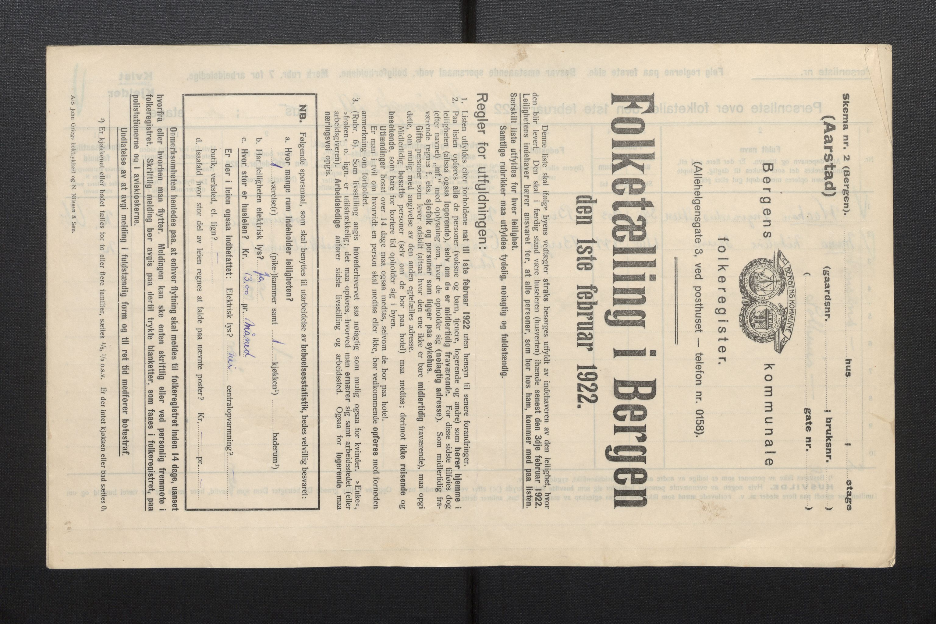 SAB, Municipal Census 1922 for Bergen, 1922, p. 57927