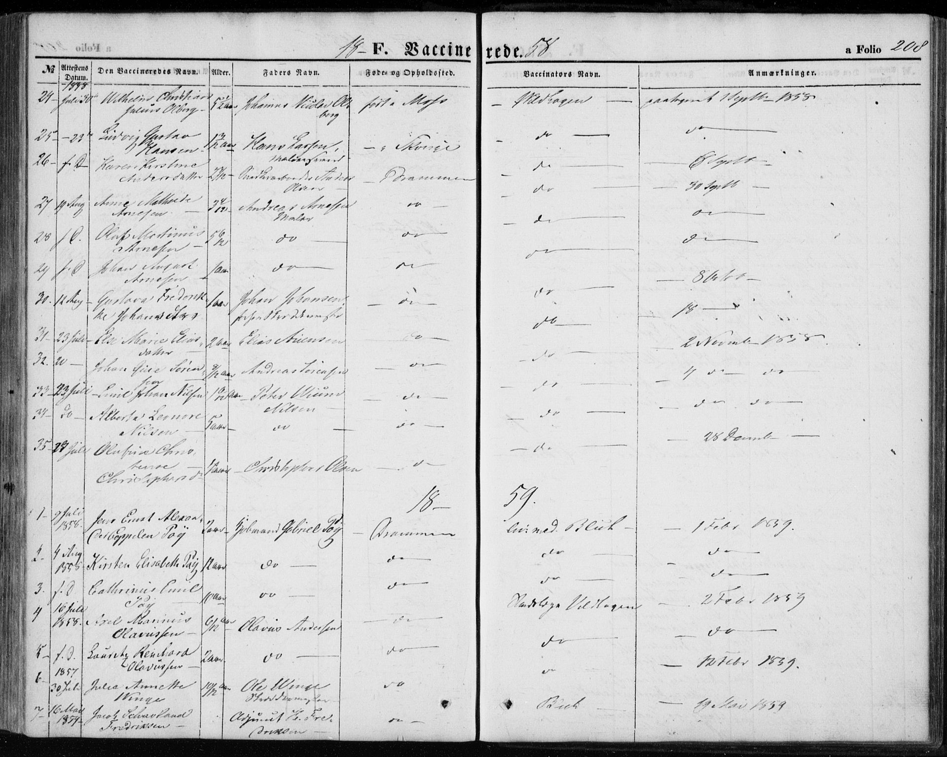 Strømsø kirkebøker, SAKO/A-246/F/Fa/L0017: Parish register (official) no. I 17, 1848-1865, p. 208