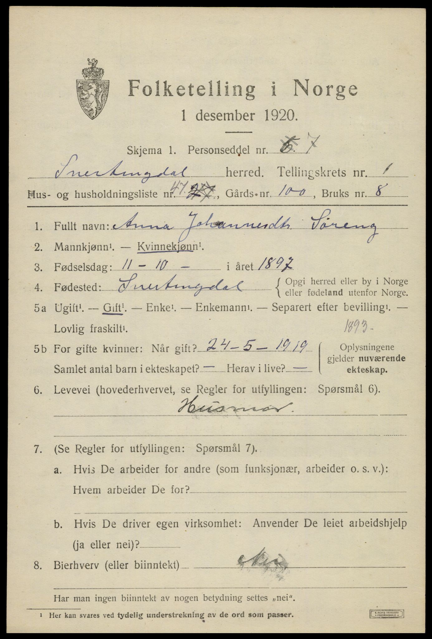 SAH, 1920 census for Snertingdal, 1920, p. 1357