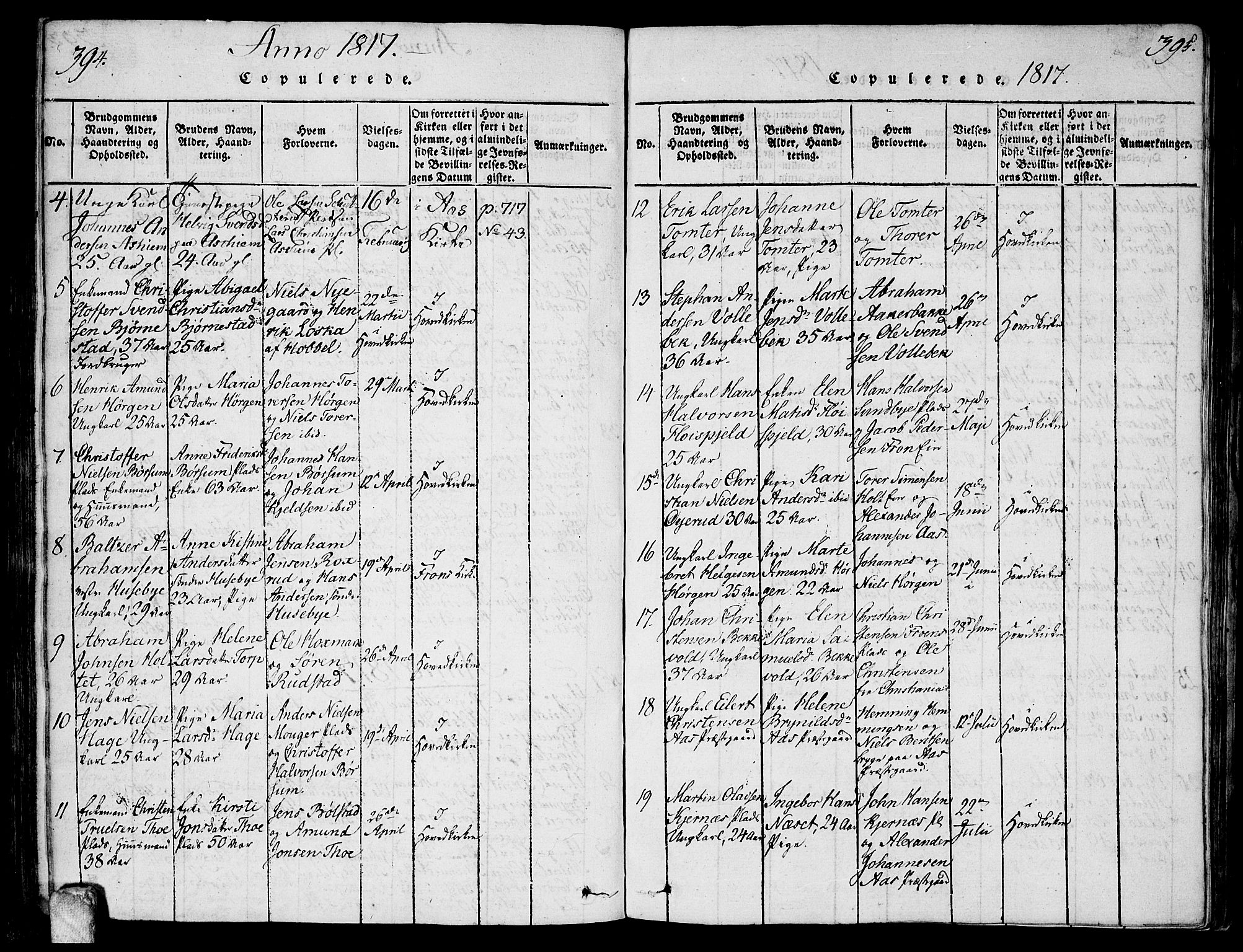 Ås prestekontor Kirkebøker, SAO/A-10894/F/Fa/L0003: Parish register (official) no. I 3, 1814-1818, p. 394-395