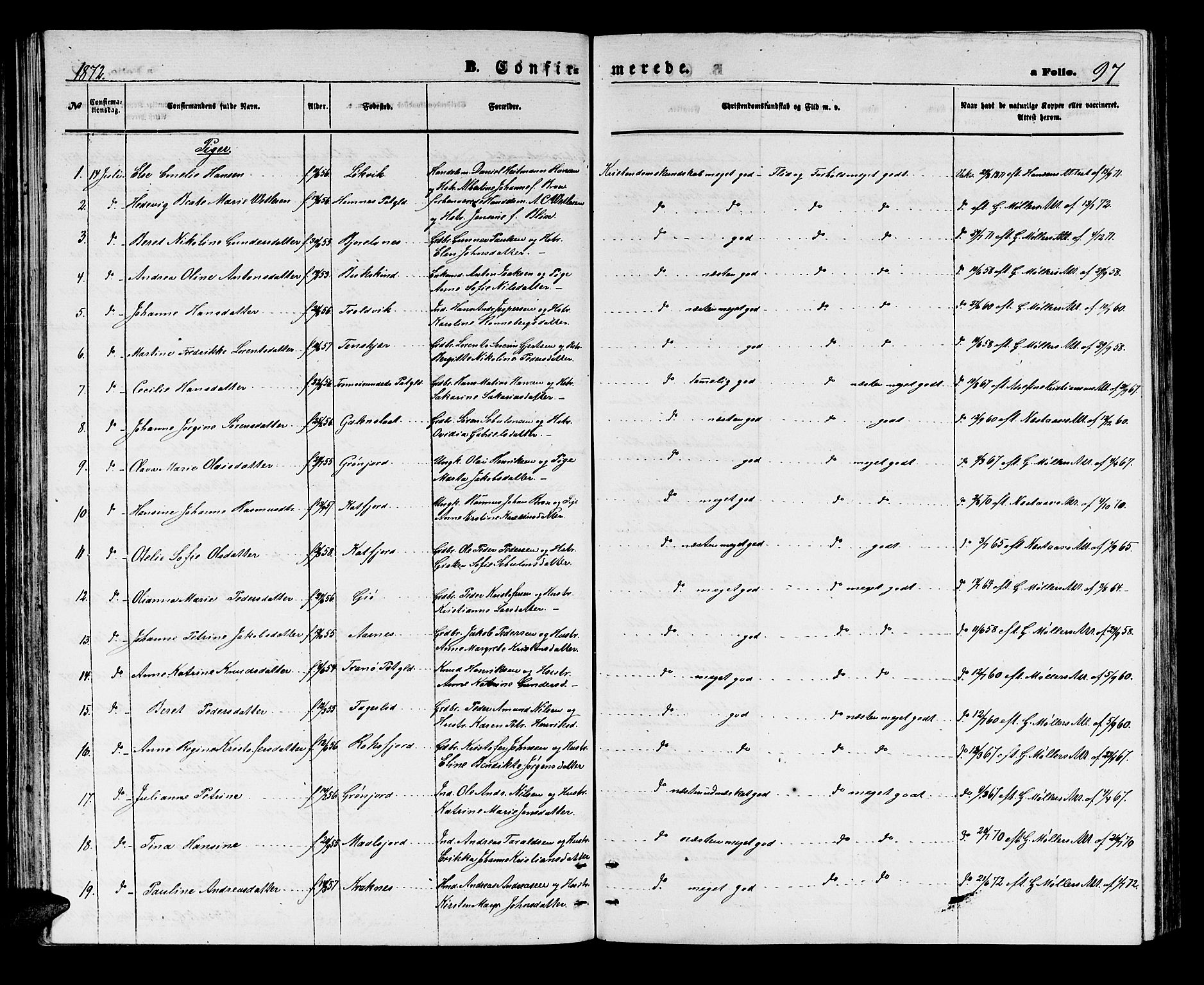 Lenvik sokneprestembete, SATØ/S-1310/H/Ha/Hab/L0005klokker: Parish register (copy) no. 5, 1870-1880, p. 97
