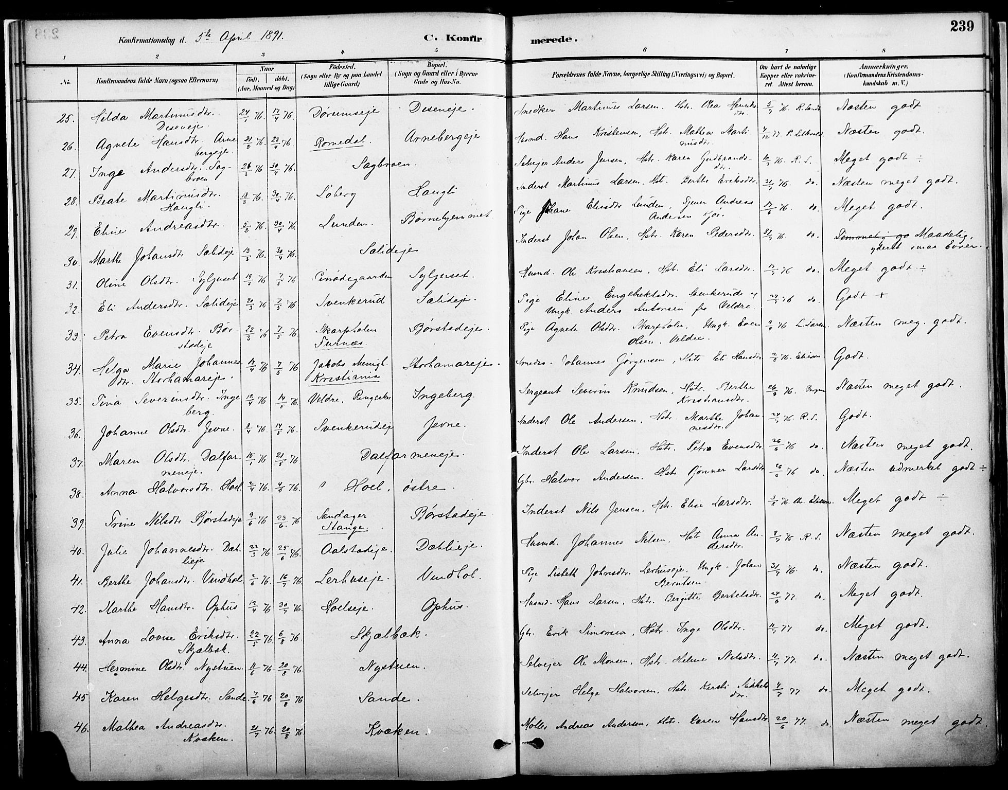 Vang prestekontor, Hedmark, AV/SAH-PREST-008/H/Ha/Haa/L0019A: Parish register (official) no. 19, 1886-1900, p. 239