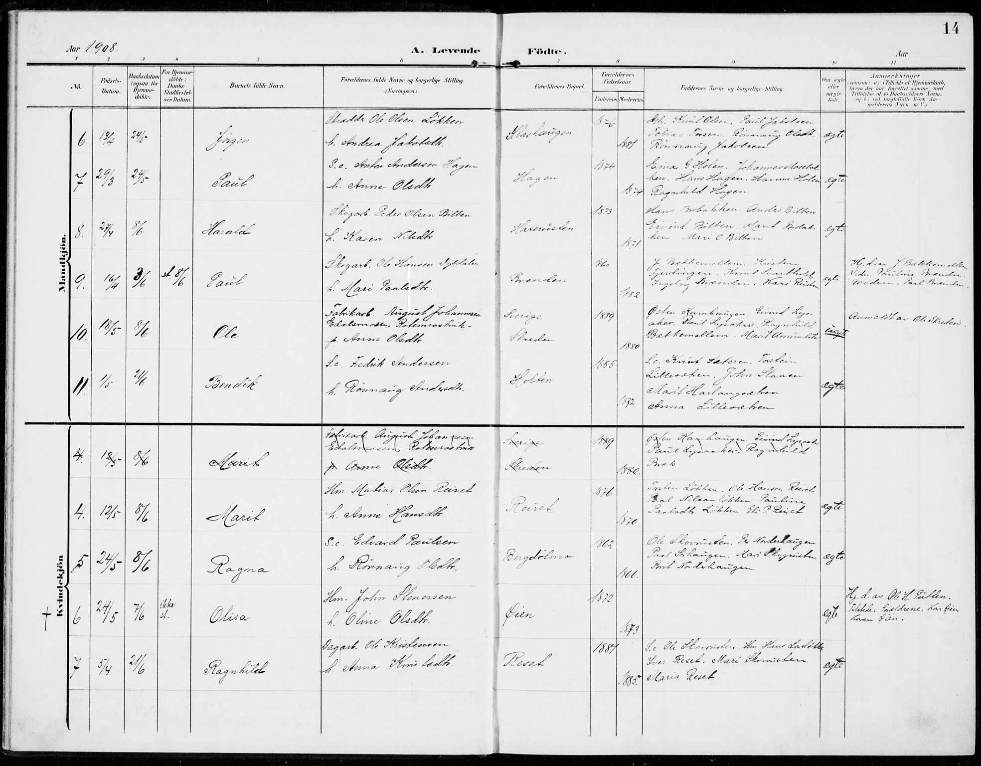 Sel prestekontor, AV/SAH-PREST-074/H/Ha/Haa/L0001: Parish register (official) no. 1, 1905-1922, p. 14