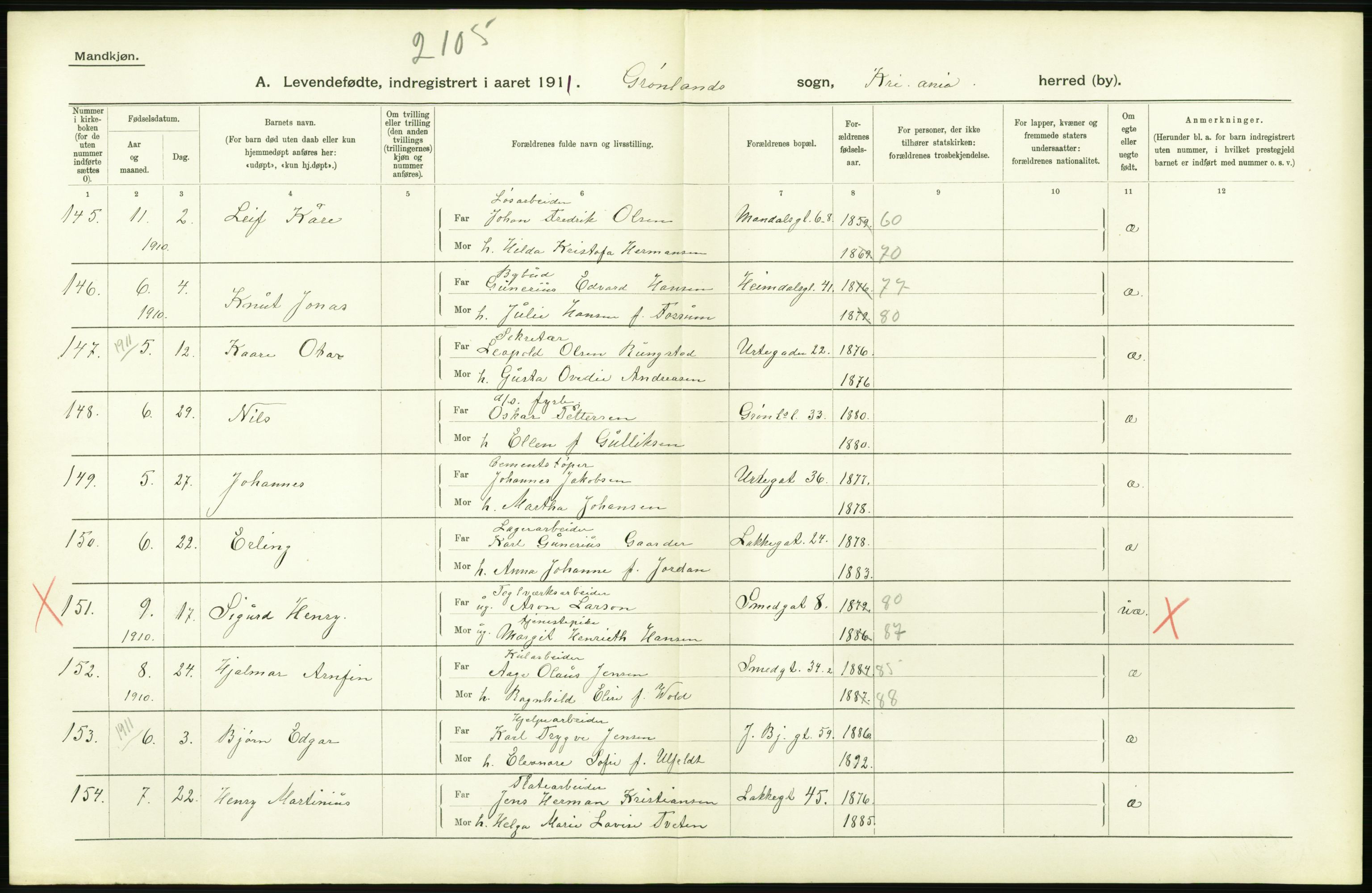 Statistisk sentralbyrå, Sosiodemografiske emner, Befolkning, AV/RA-S-2228/D/Df/Dfb/Dfba/L0006: Kristiania: Levendefødte menn., 1911, p. 352