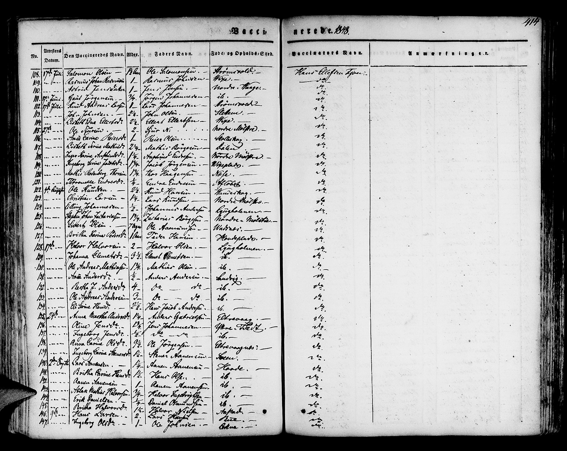 Finnås sokneprestembete, AV/SAB-A-99925/H/Ha/Haa/Haaa/L0006: Parish register (official) no. A 6, 1836-1850, p. 414