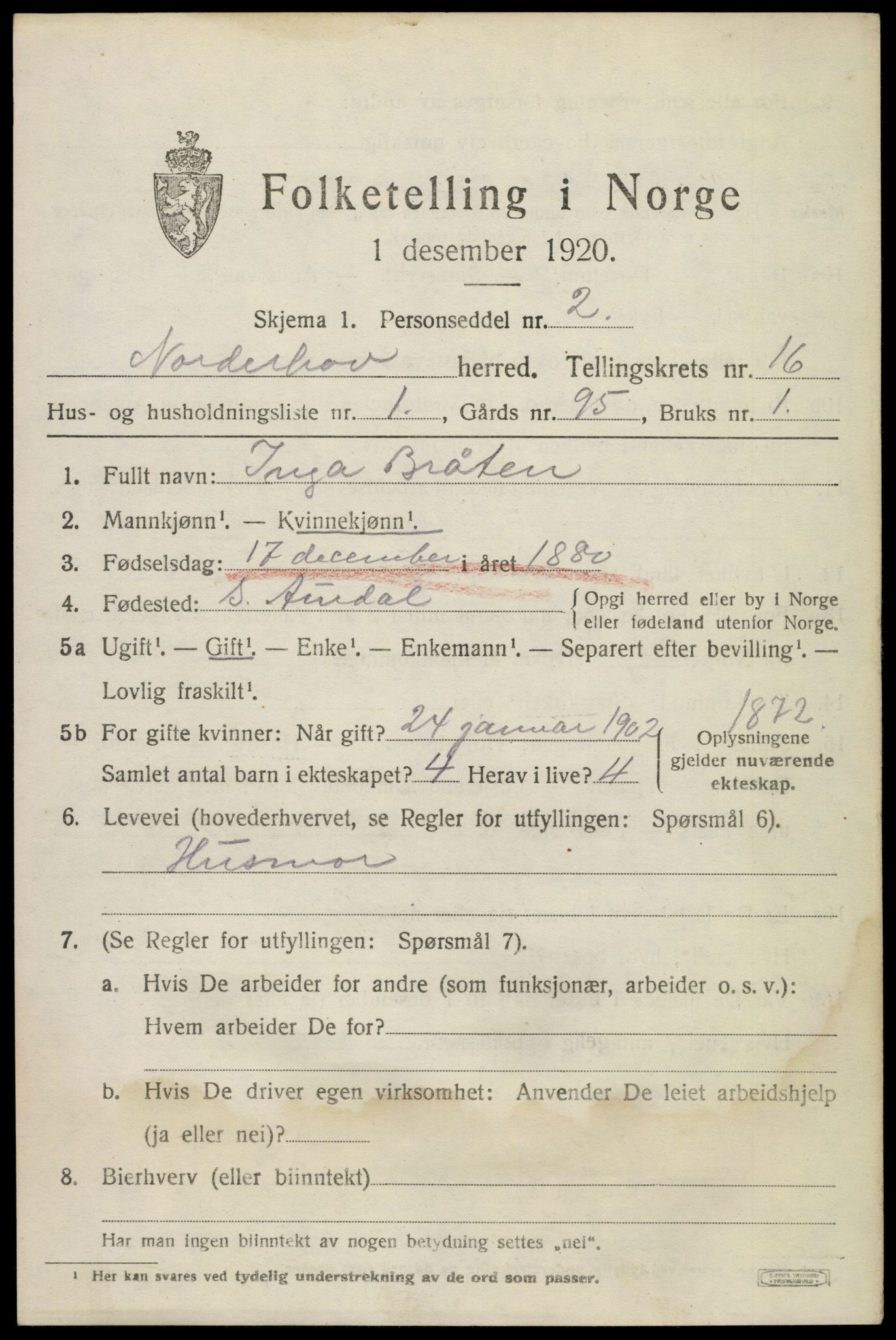 SAKO, 1920 census for Norderhov, 1920, p. 17644