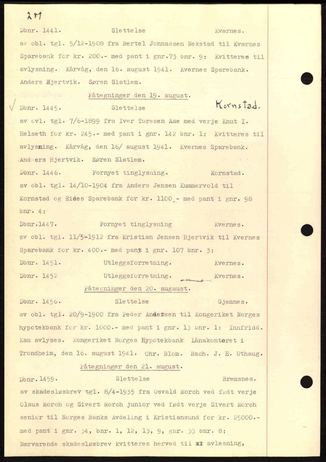 Nordmøre sorenskriveri, AV/SAT-A-4132/1/2/2Ca: Mortgage book no. C81, 1940-1945, Diary no: : 1441/1941