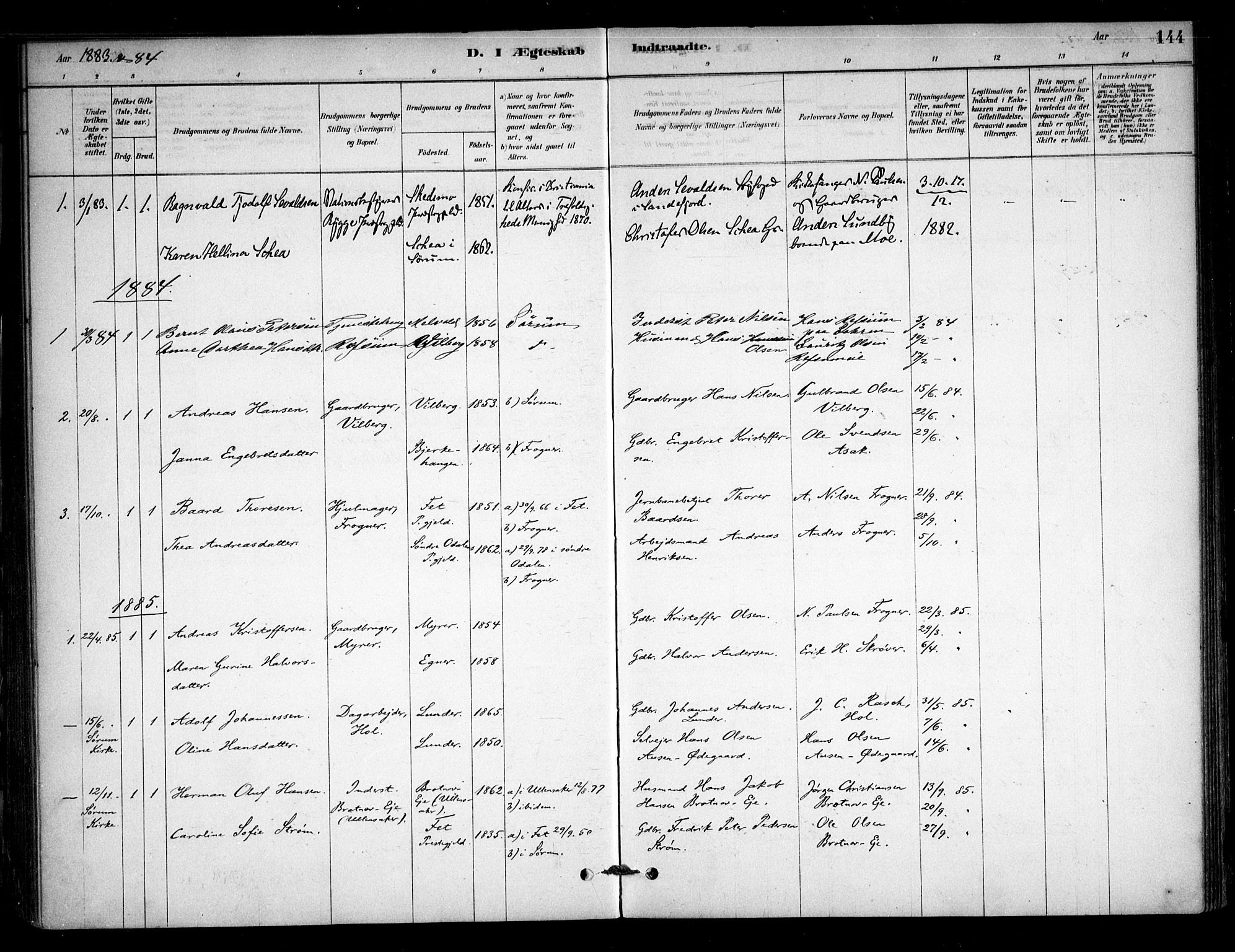 Sørum prestekontor Kirkebøker, SAO/A-10303/F/Fb/L0001: Parish register (official) no. II 1, 1878-1915, p. 144
