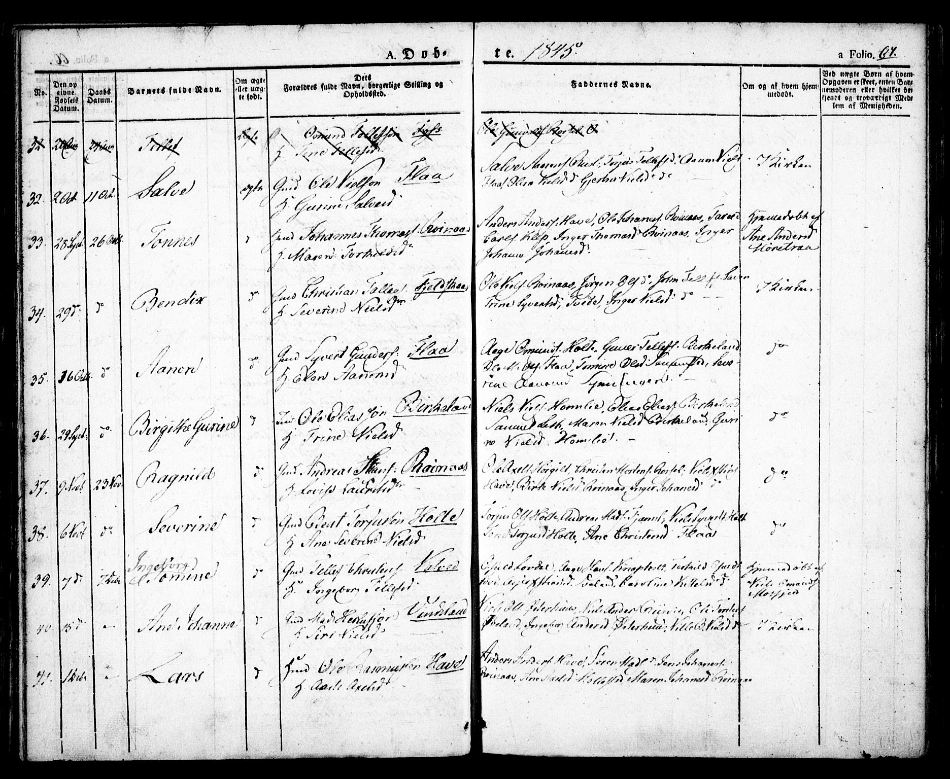 Birkenes sokneprestkontor, AV/SAK-1111-0004/F/Fa/L0001: Parish register (official) no. A 1, 1829-1849, p. 67