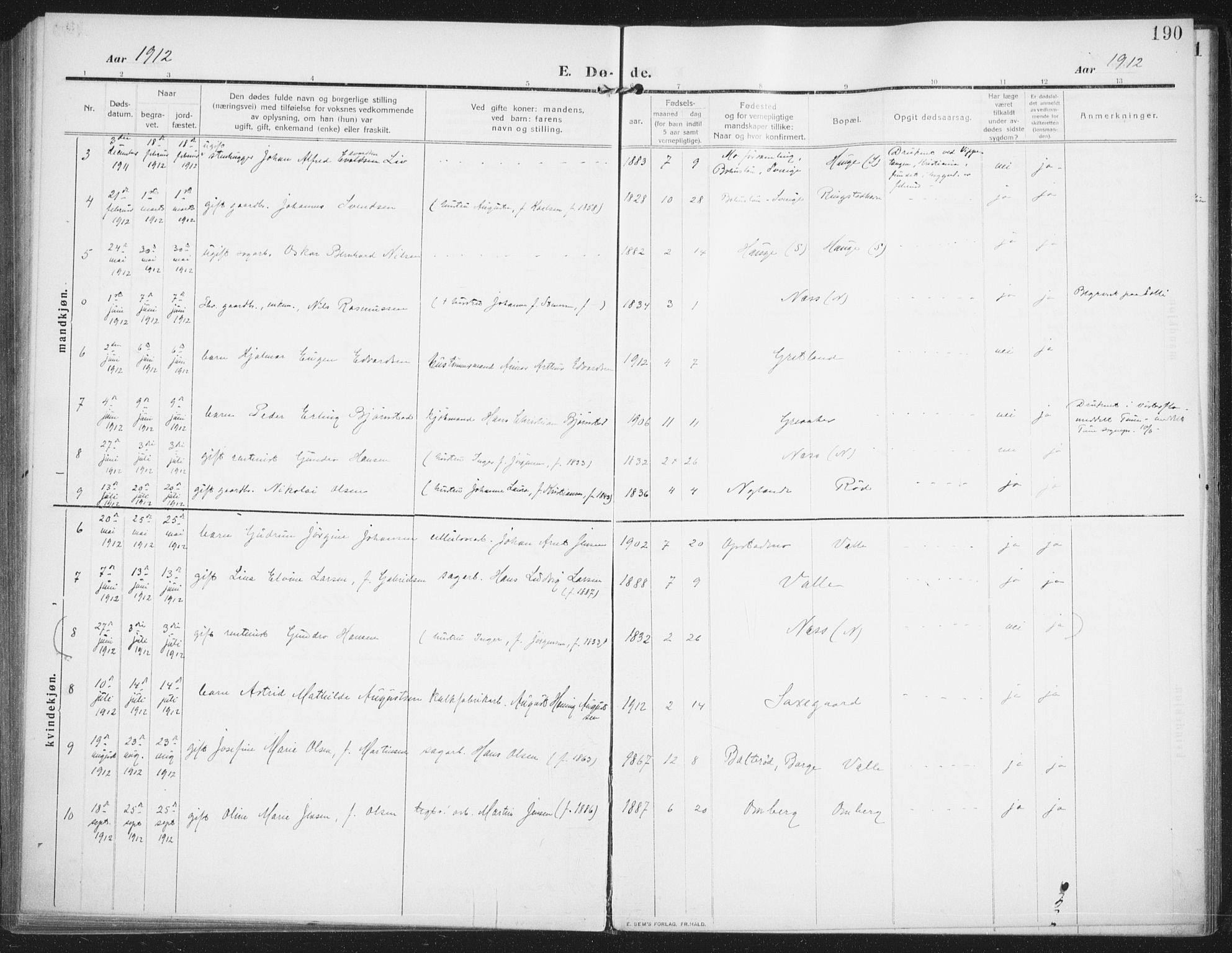 Rolvsøy prestekontor Kirkebøker, SAO/A-2004/F/Fa/L0002: Parish register (official) no. 2, 1909-1917, p. 190