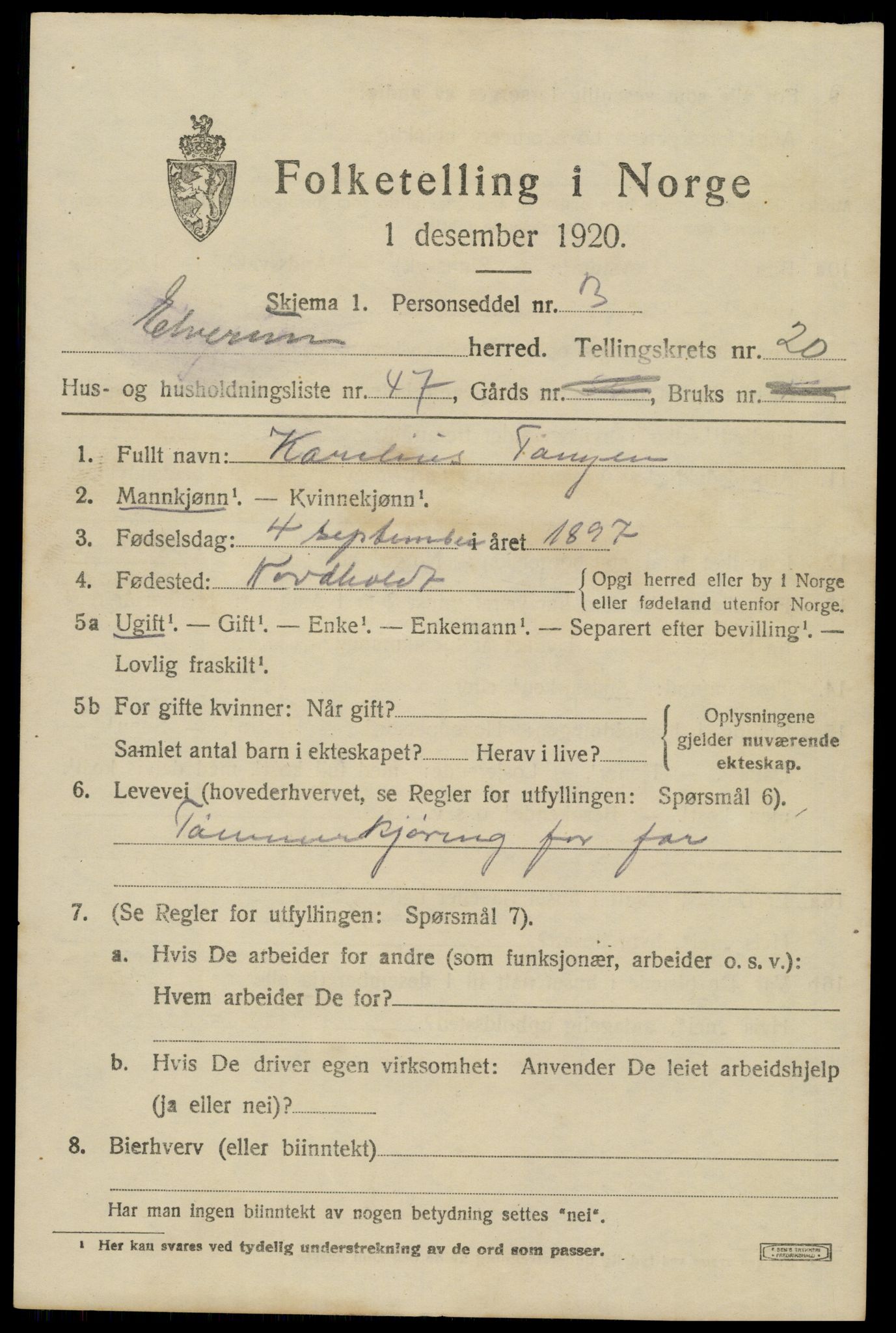 SAH, 1920 census for Elverum, 1920, p. 23820