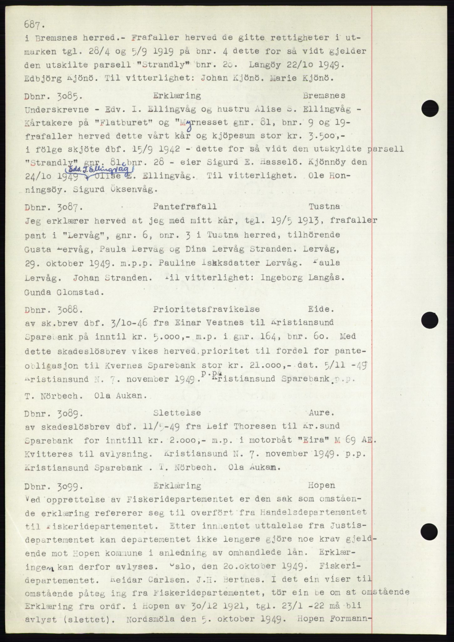 Nordmøre sorenskriveri, AV/SAT-A-4132/1/2/2Ca: Mortgage book no. C82b, 1946-1951, Diary no: : 3085/1949