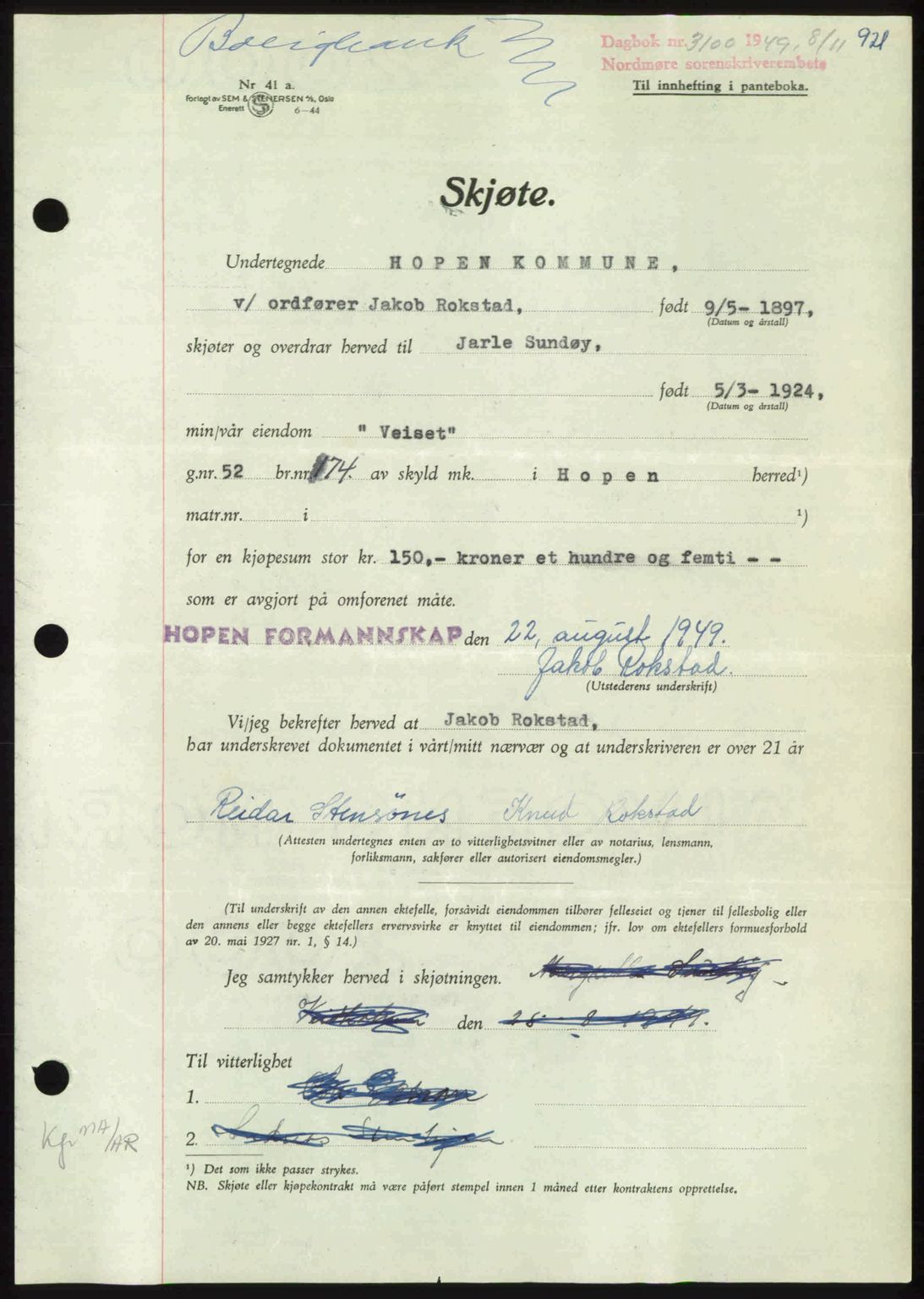 Nordmøre sorenskriveri, AV/SAT-A-4132/1/2/2Ca: Mortgage book no. A112, 1949-1949, Diary no: : 3100/1949