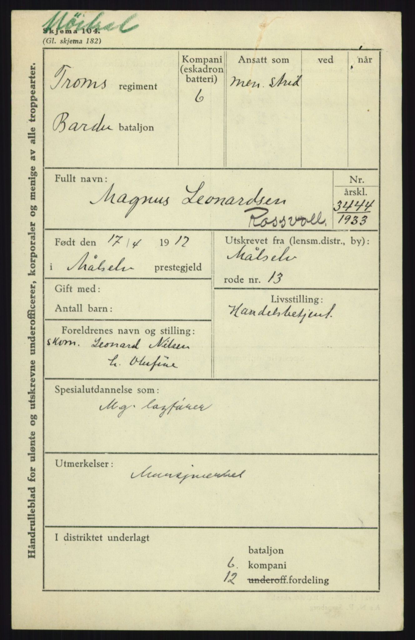 Forsvaret, Troms infanteriregiment nr. 16, AV/RA-RAFA-3146/P/Pa/L0017: Rulleblad for regimentets menige mannskaper, årsklasse 1933, 1933, p. 1101