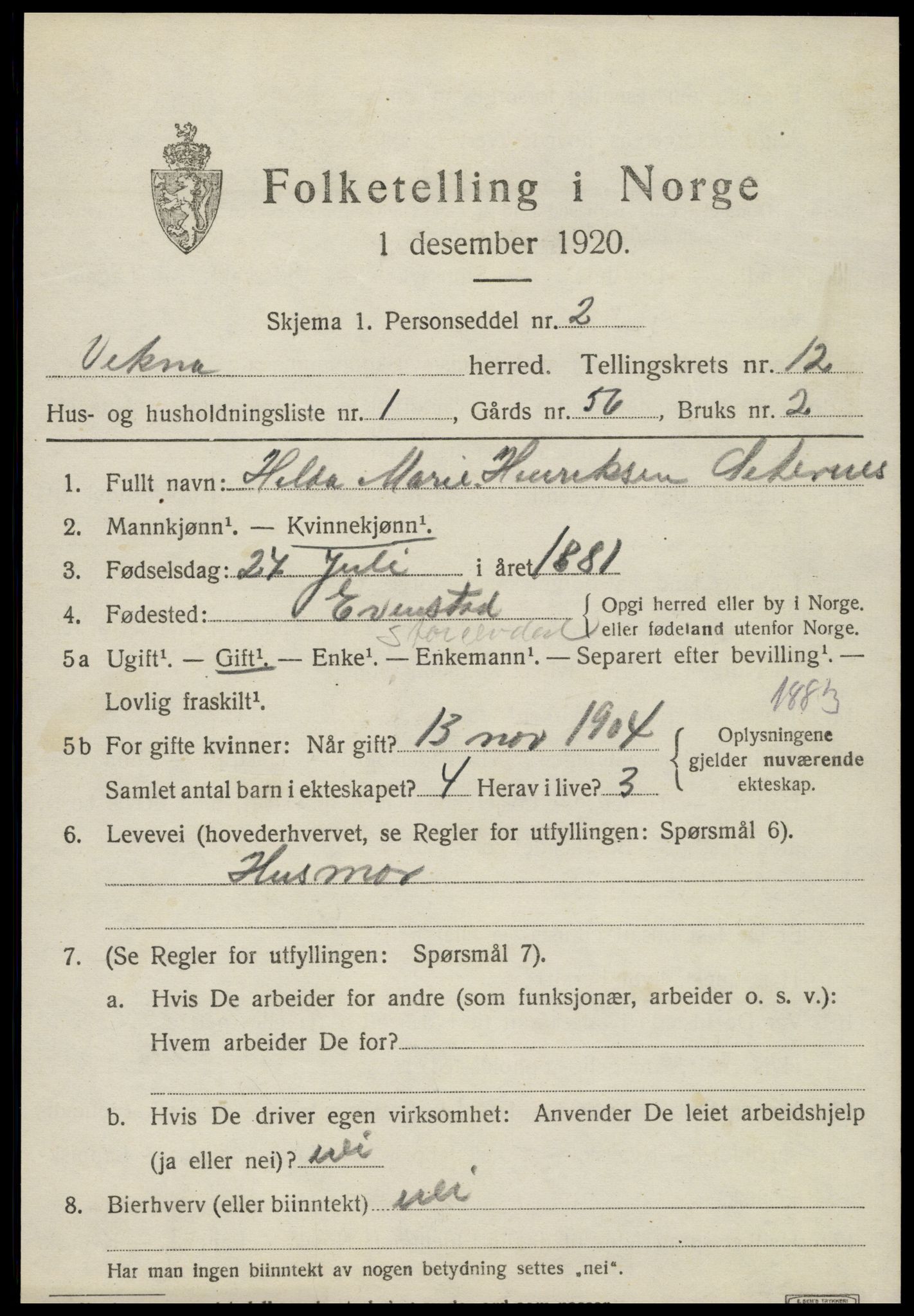 SAT, 1920 census for Vikna, 1920, p. 7717