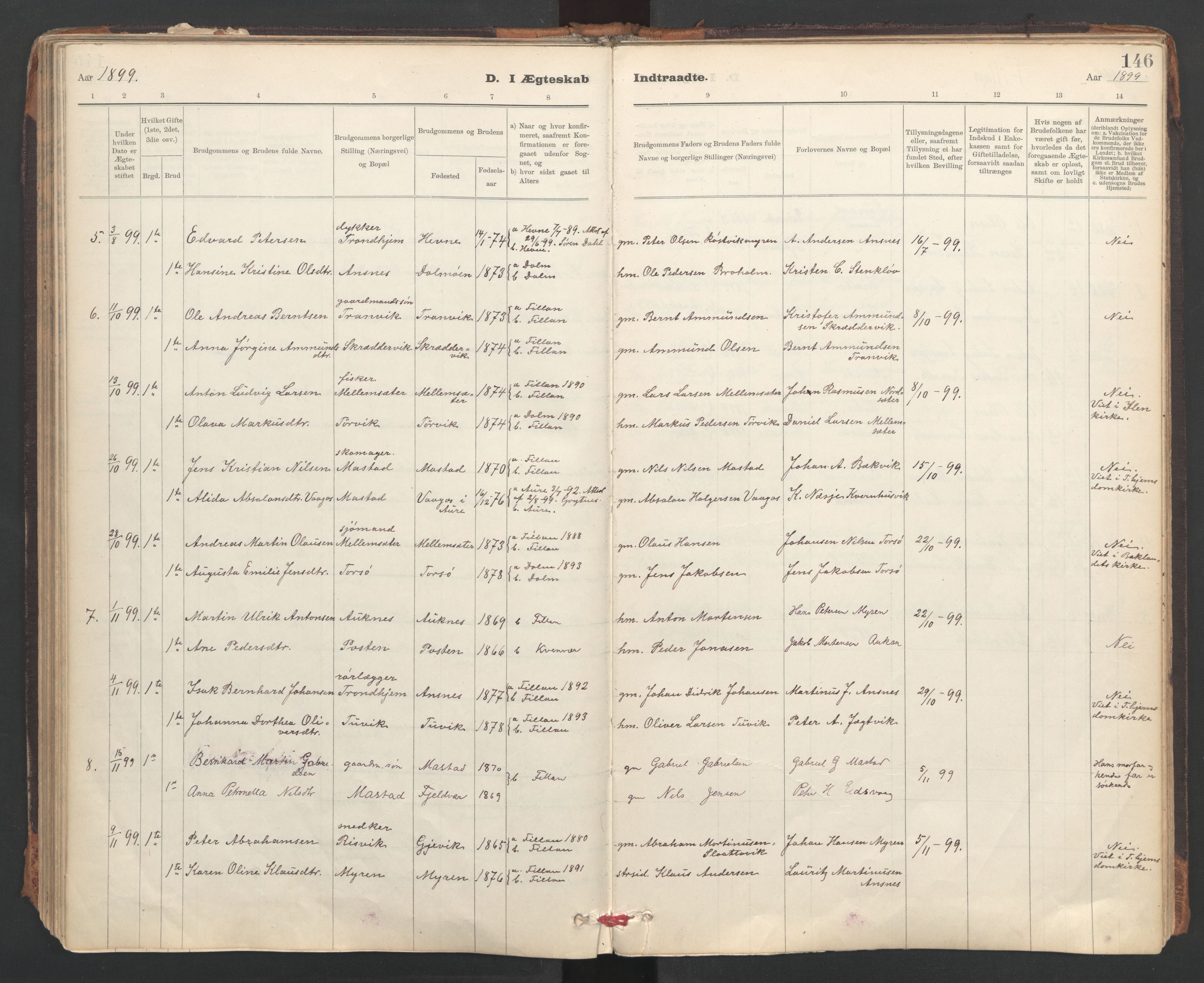 Ministerialprotokoller, klokkerbøker og fødselsregistre - Sør-Trøndelag, AV/SAT-A-1456/637/L0559: Parish register (official) no. 637A02, 1899-1923, p. 146