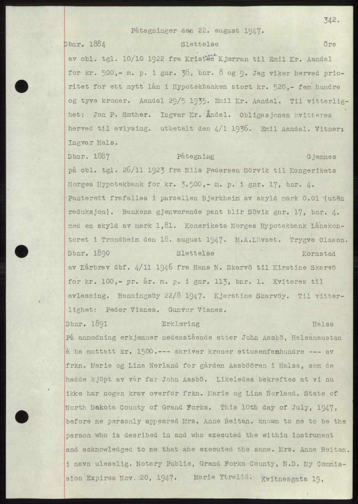 Nordmøre sorenskriveri, SAT/A-4132/1/2/2Ca: Mortgage book no. C82b, 1946-1951, Diary no: : 1884/1947