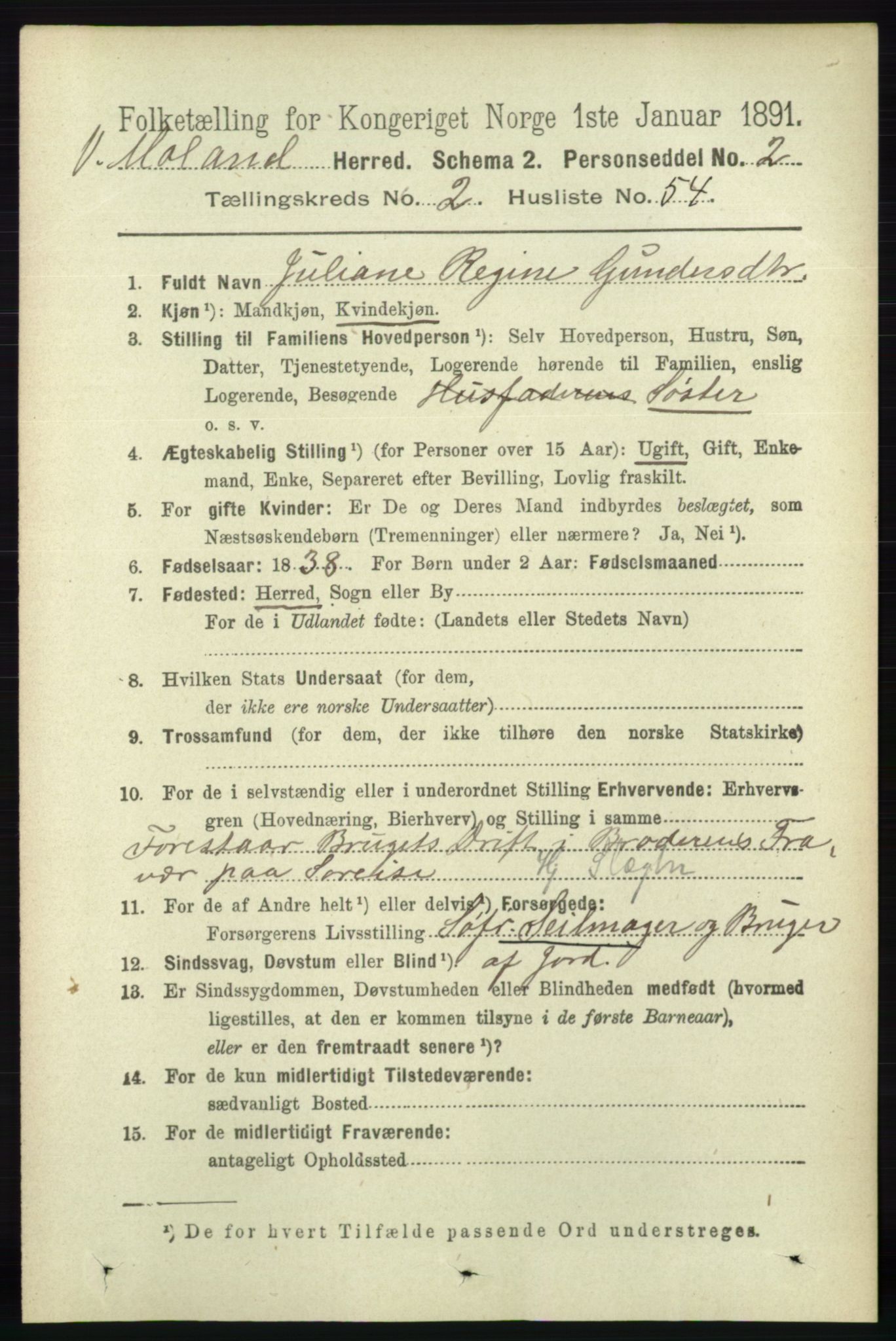 RA, 1891 census for 0926 Vestre Moland, 1891, p. 905