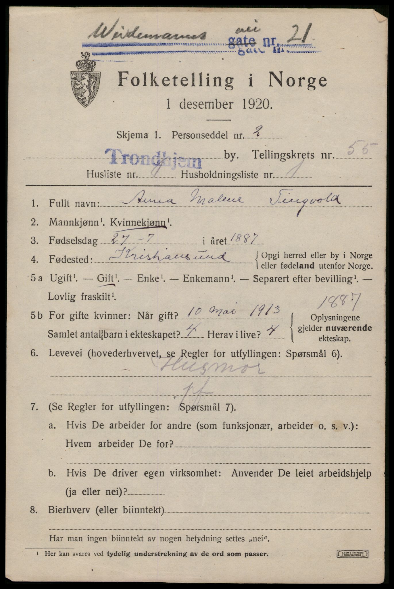 SAT, 1920 census for Trondheim, 1920, p. 111432