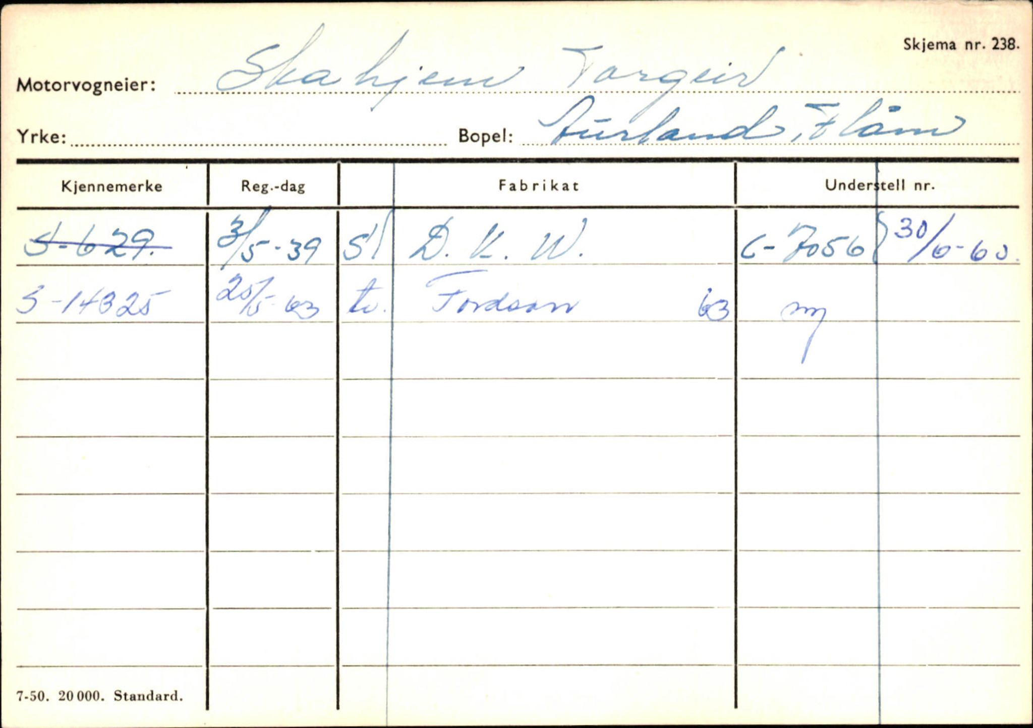 Statens vegvesen, Sogn og Fjordane vegkontor, SAB/A-5301/4/F/L0125: Eigarregister Sogndal V-Å. Aurland A-Å. Fjaler A-N, 1945-1975, p. 994