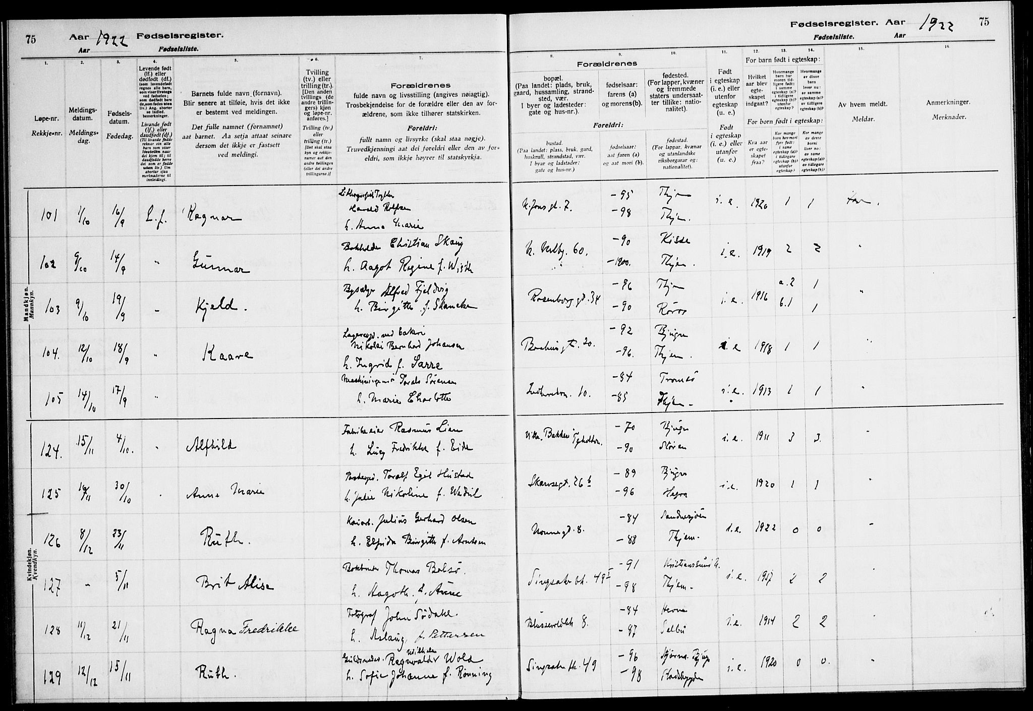 Ministerialprotokoller, klokkerbøker og fødselsregistre - Sør-Trøndelag, AV/SAT-A-1456/604/L0233: Birth register no. 604.II.4.2, 1920-1928, p. 75