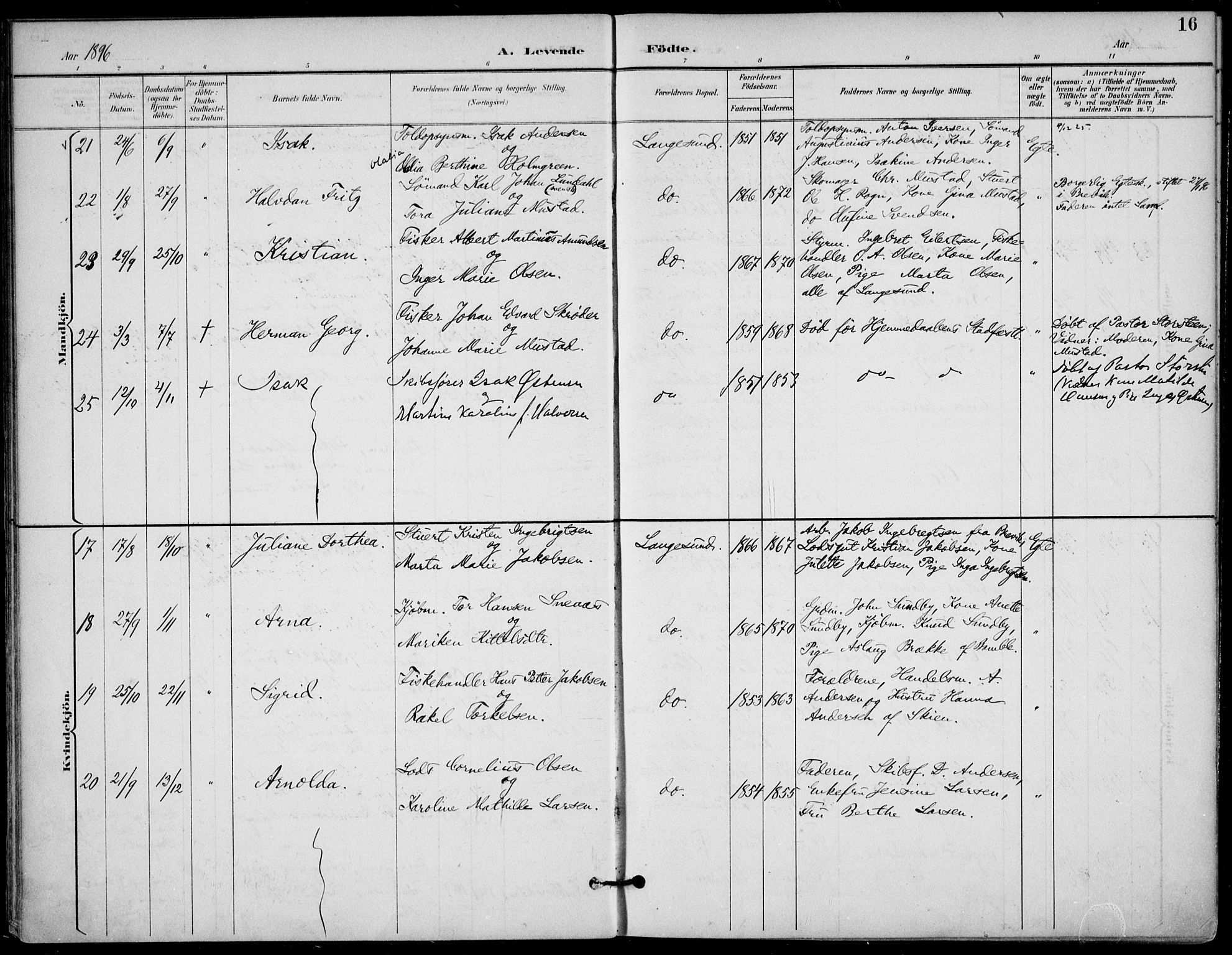 Langesund kirkebøker, SAKO/A-280/F/Fa/L0003: Parish register (official) no. 3, 1893-1907, p. 16