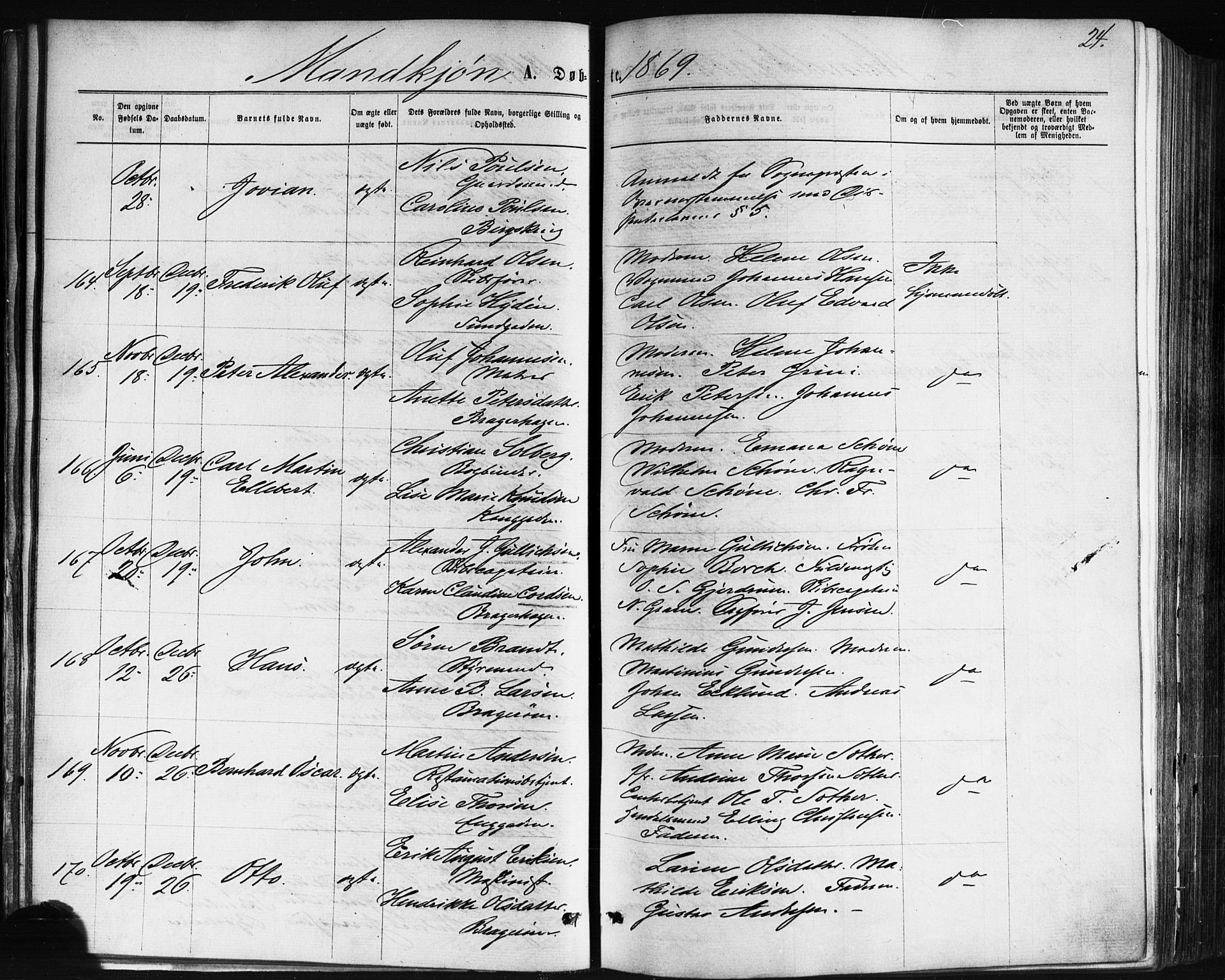 Bragernes kirkebøker, AV/SAKO-A-6/F/Fb/L0004: Parish register (official) no. II 4, 1869-1875, p. 24