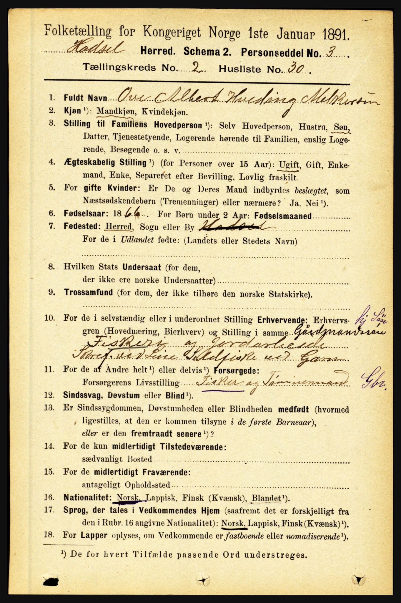 RA, 1891 census for 1866 Hadsel, 1891, p. 842