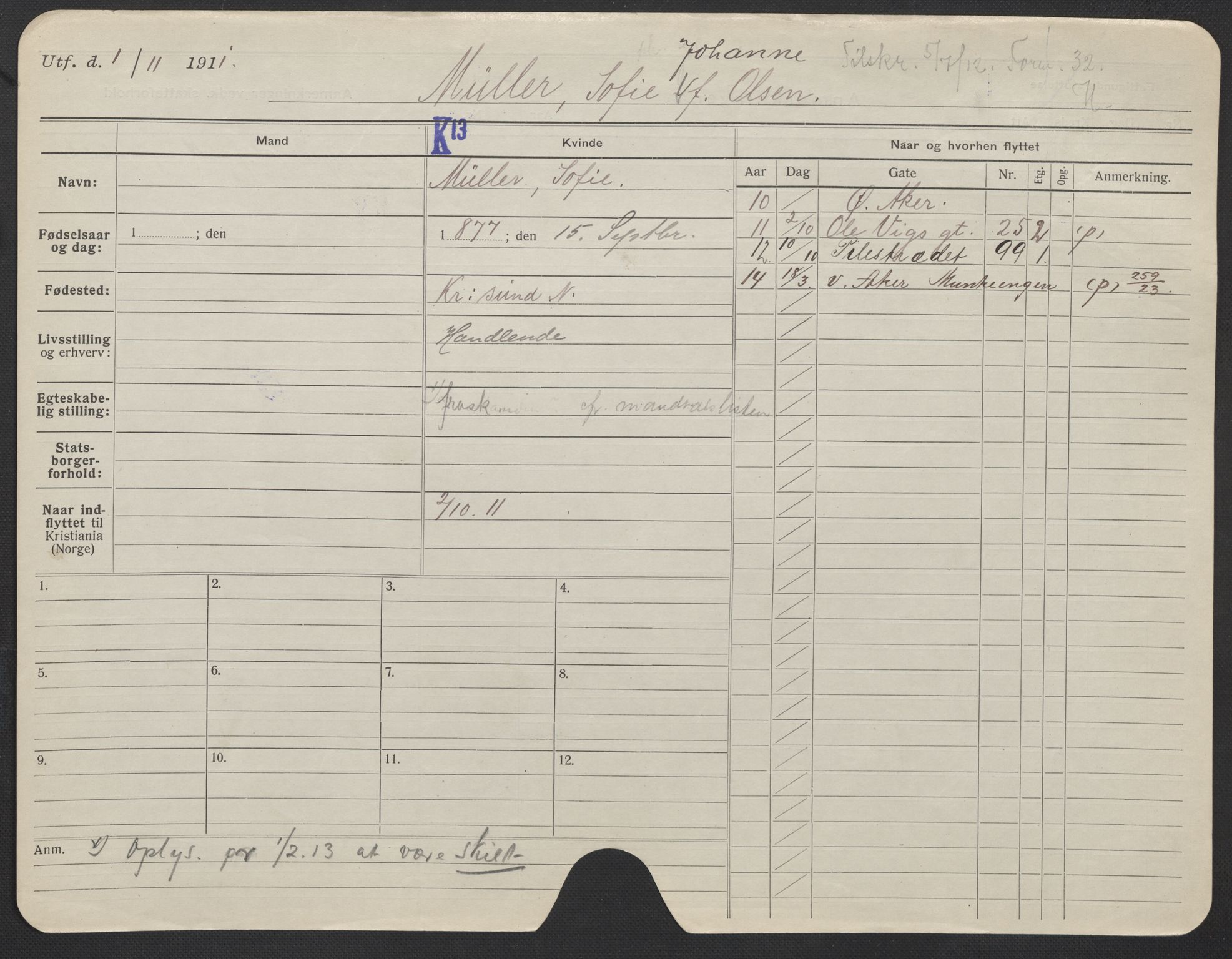 Oslo folkeregister, Registerkort, AV/SAO-A-11715/F/Fa/Fac/L0020: Kvinner, 1906-1914, p. 1122a