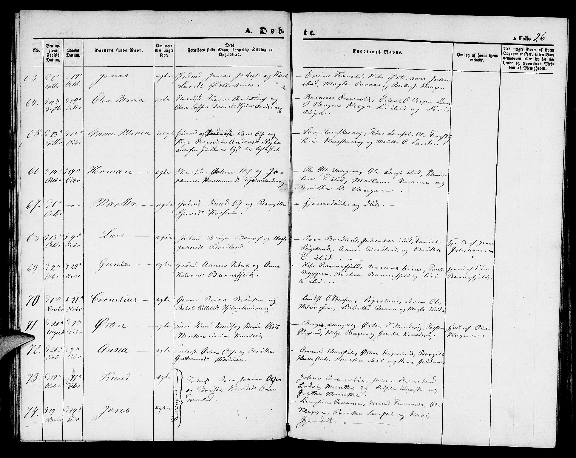 Hjelmeland sokneprestkontor, AV/SAST-A-101843/01/V/L0004: Parish register (copy) no. B 4, 1853-1883, p. 26