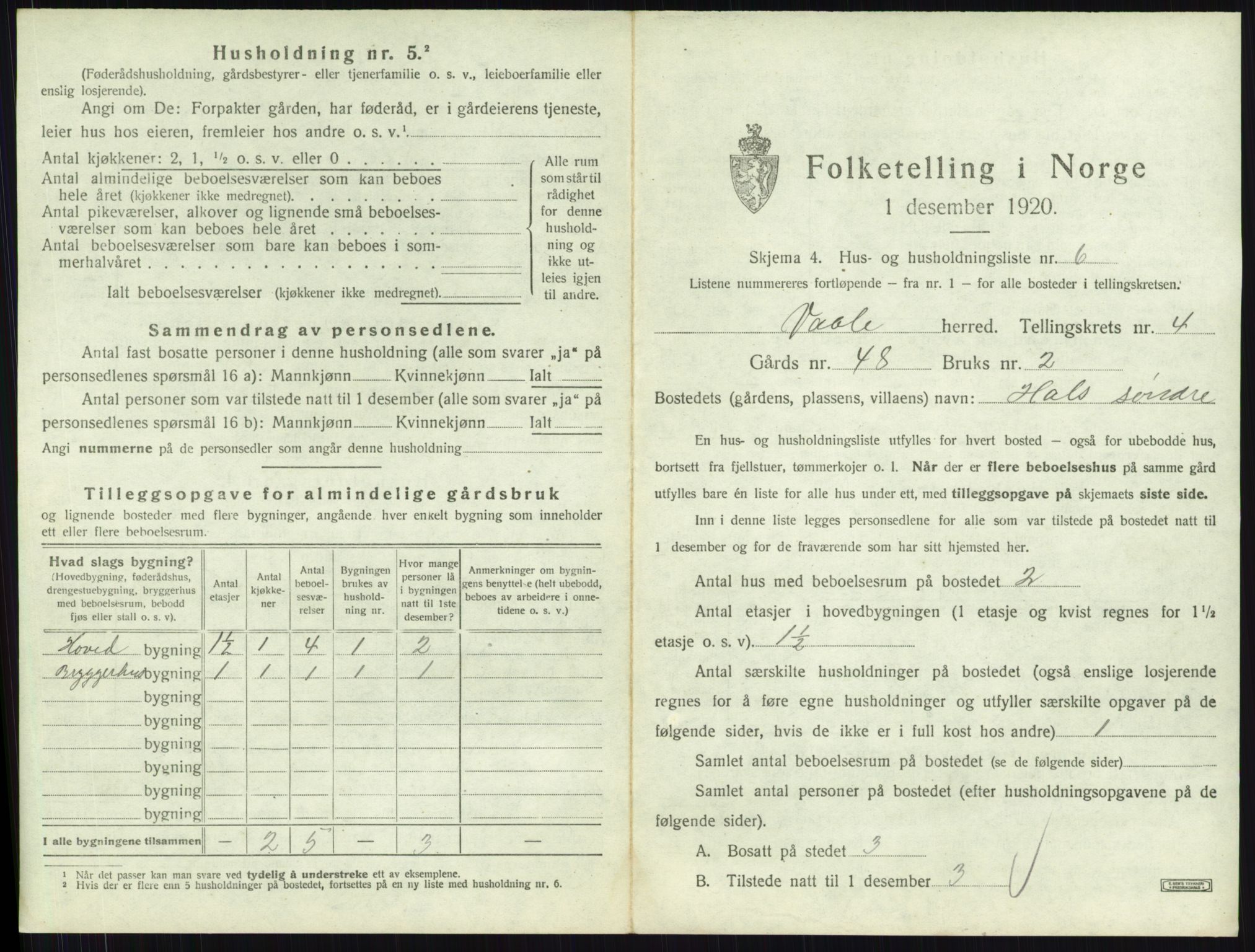SAKO, 1920 census for Våle, 1920, p. 416