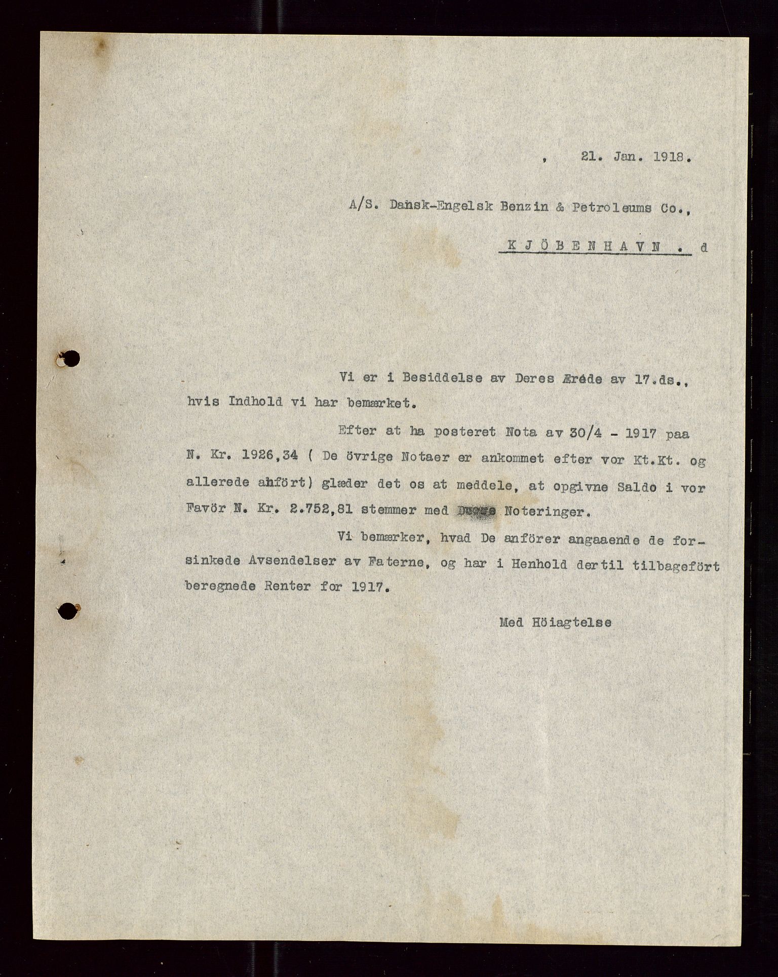 Pa 1521 - A/S Norske Shell, AV/SAST-A-101915/E/Ea/Eaa/L0005: Sjefskorrespondanse, 1918, p. 131