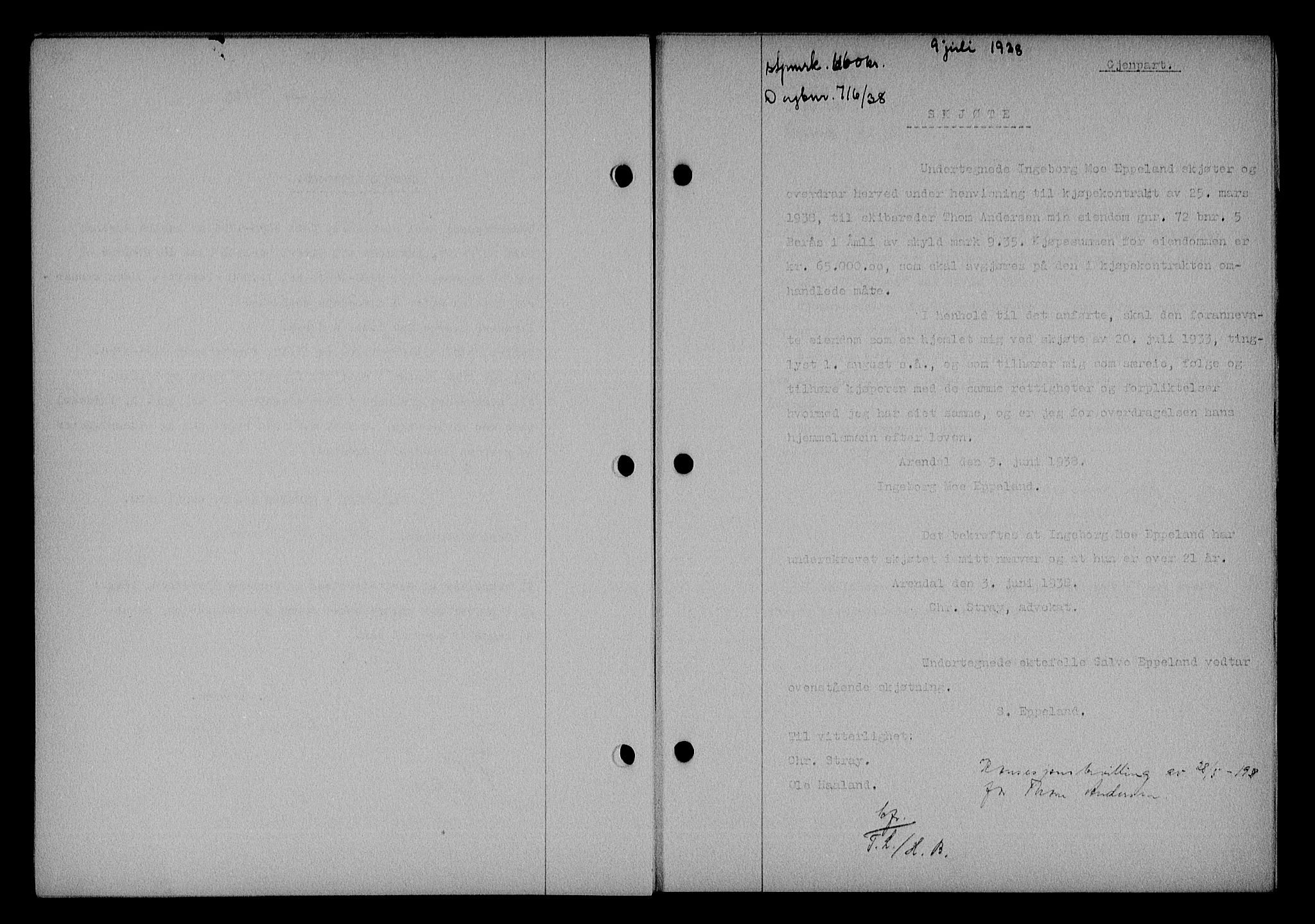 Nedenes sorenskriveri, SAK/1221-0006/G/Gb/Gba/L0045: Mortgage book no. 41, 1938-1938, Diary no: : 716/1938