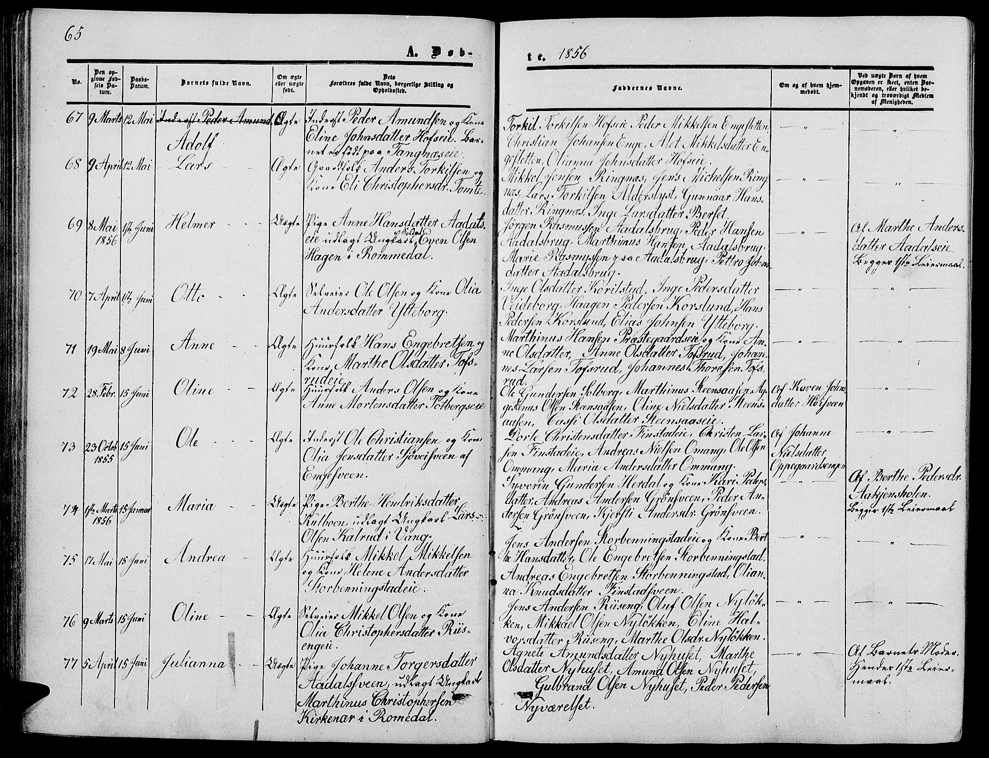 Løten prestekontor, SAH/PREST-022/L/La/L0003: Parish register (copy) no. 3, 1850-1862, p. 65