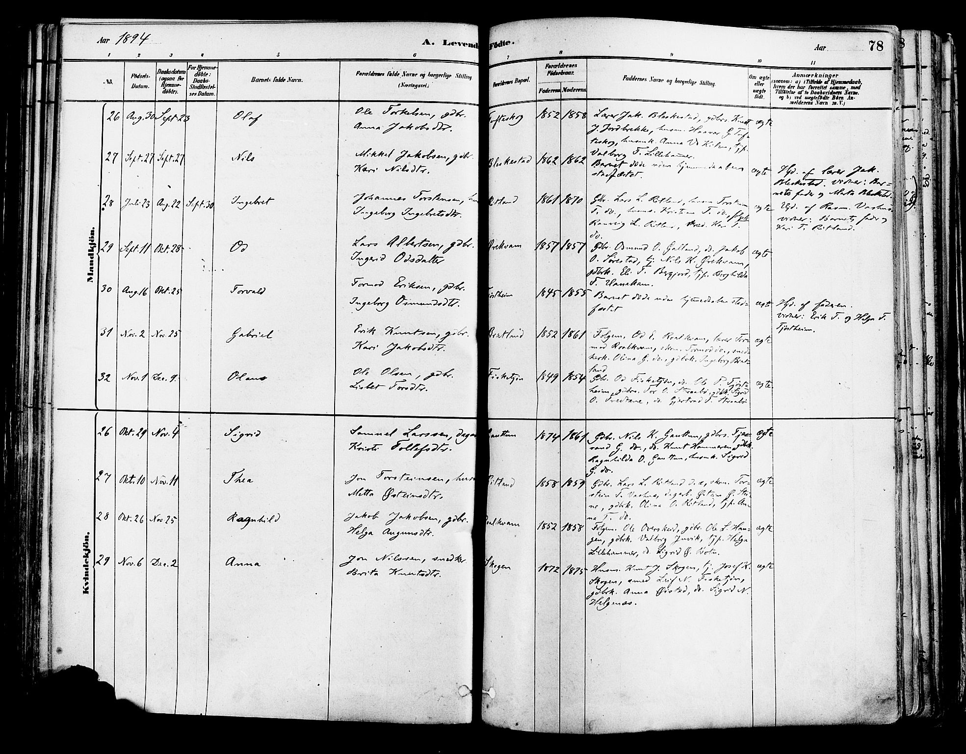 Suldal sokneprestkontor, AV/SAST-A-101845/01/IV/L0011: Parish register (official) no. A 11, 1878-1900, p. 78