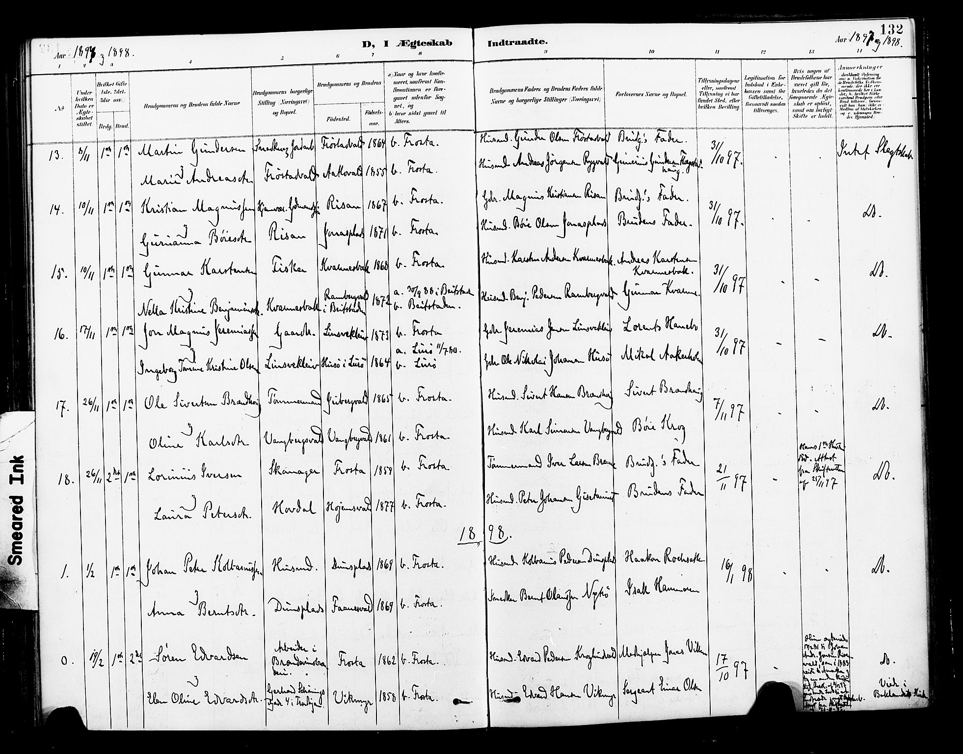 Ministerialprotokoller, klokkerbøker og fødselsregistre - Nord-Trøndelag, SAT/A-1458/713/L0121: Parish register (official) no. 713A10, 1888-1898, p. 132