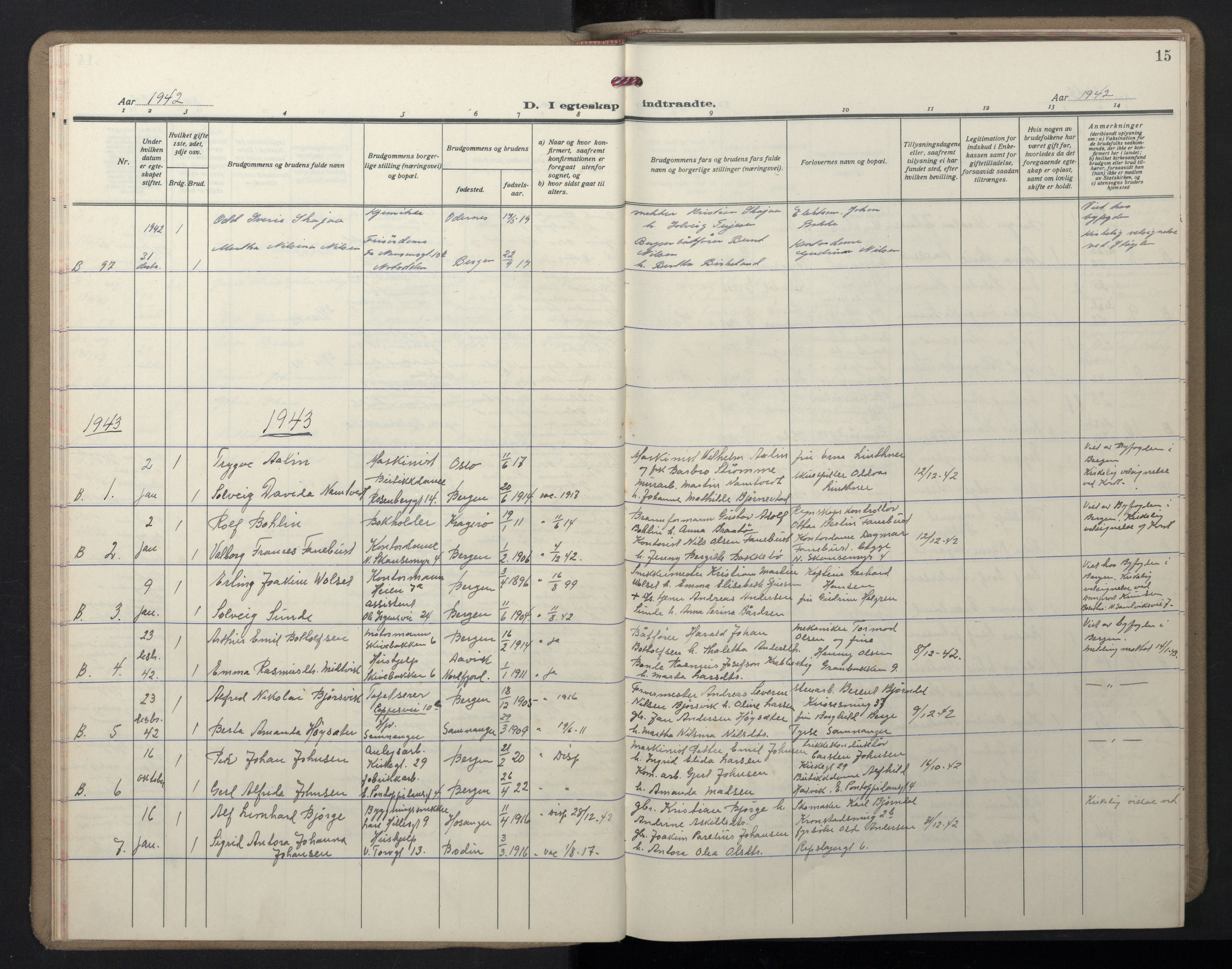 Domkirken sokneprestembete, SAB/A-74801/H/Hab/L0035: Parish register (copy) no. D 7, 1941-1953, p. 15