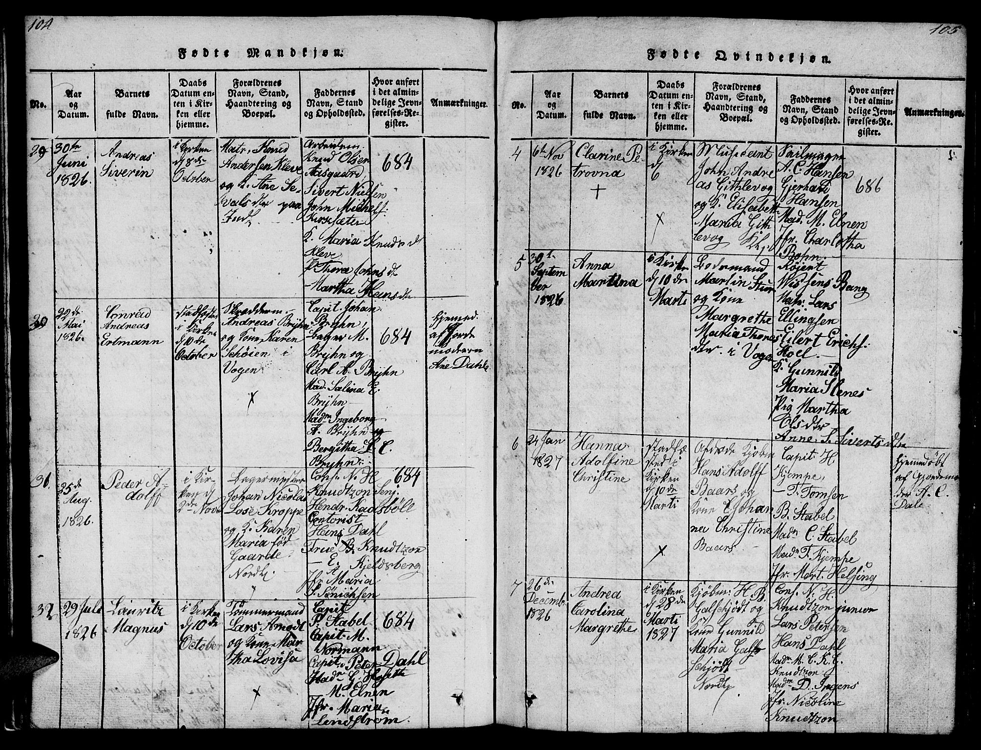 Ministerialprotokoller, klokkerbøker og fødselsregistre - Møre og Romsdal, SAT/A-1454/572/L0856: Parish register (copy) no. 572C01, 1819-1832, p. 104-105