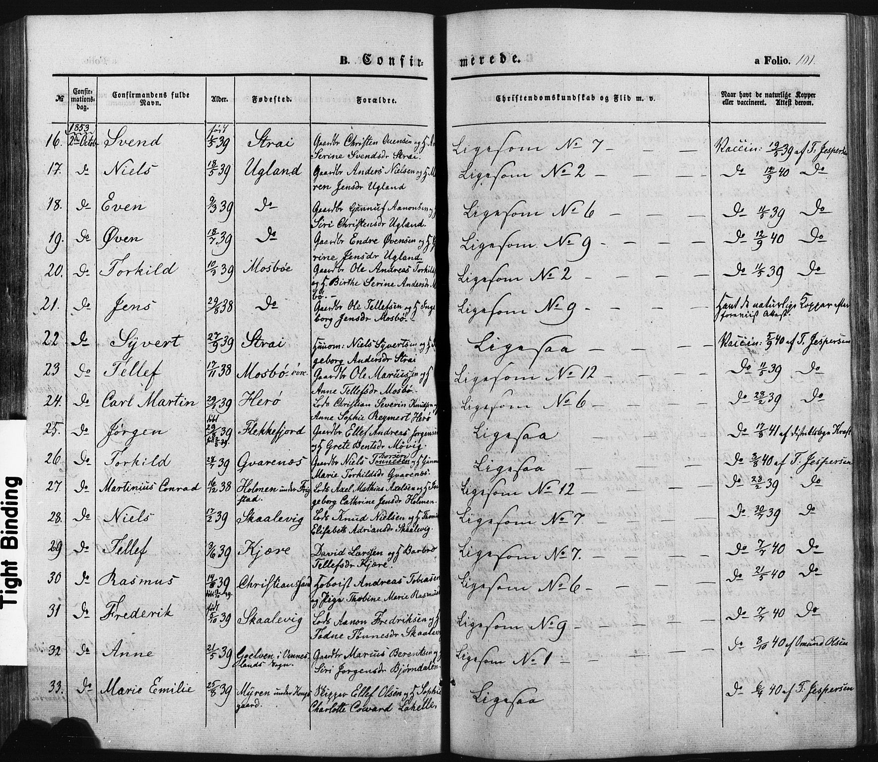 Oddernes sokneprestkontor, AV/SAK-1111-0033/F/Fa/Faa/L0007: Parish register (official) no. A 7, 1851-1863, p. 101