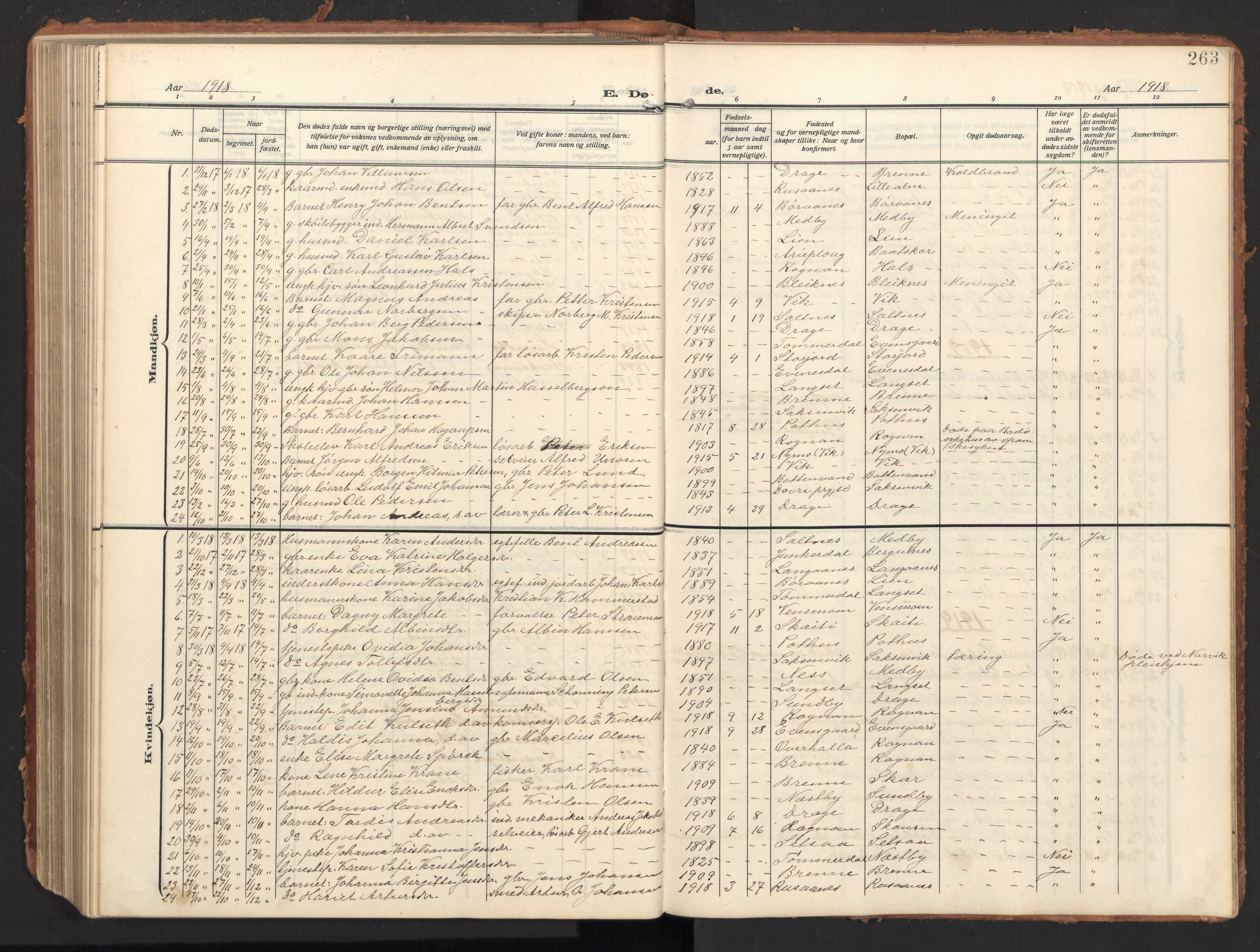 Ministerialprotokoller, klokkerbøker og fødselsregistre - Nordland, SAT/A-1459/847/L0683: Parish register (copy) no. 847C11, 1908-1929, p. 263