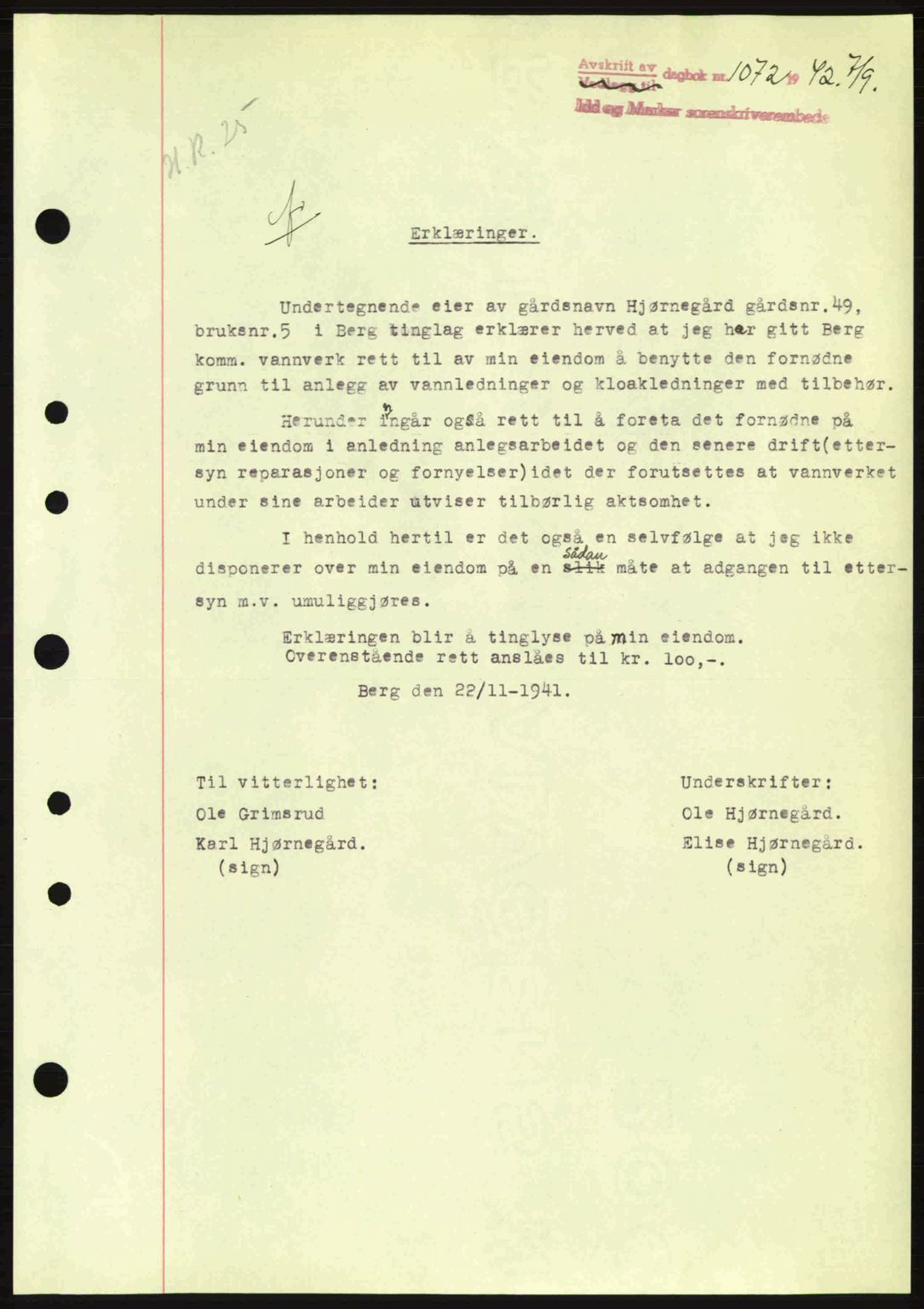 Idd og Marker sorenskriveri, AV/SAO-A-10283/G/Gb/Gbb/L0005: Mortgage book no. A5, 1941-1943, Diary no: : 1072/1942