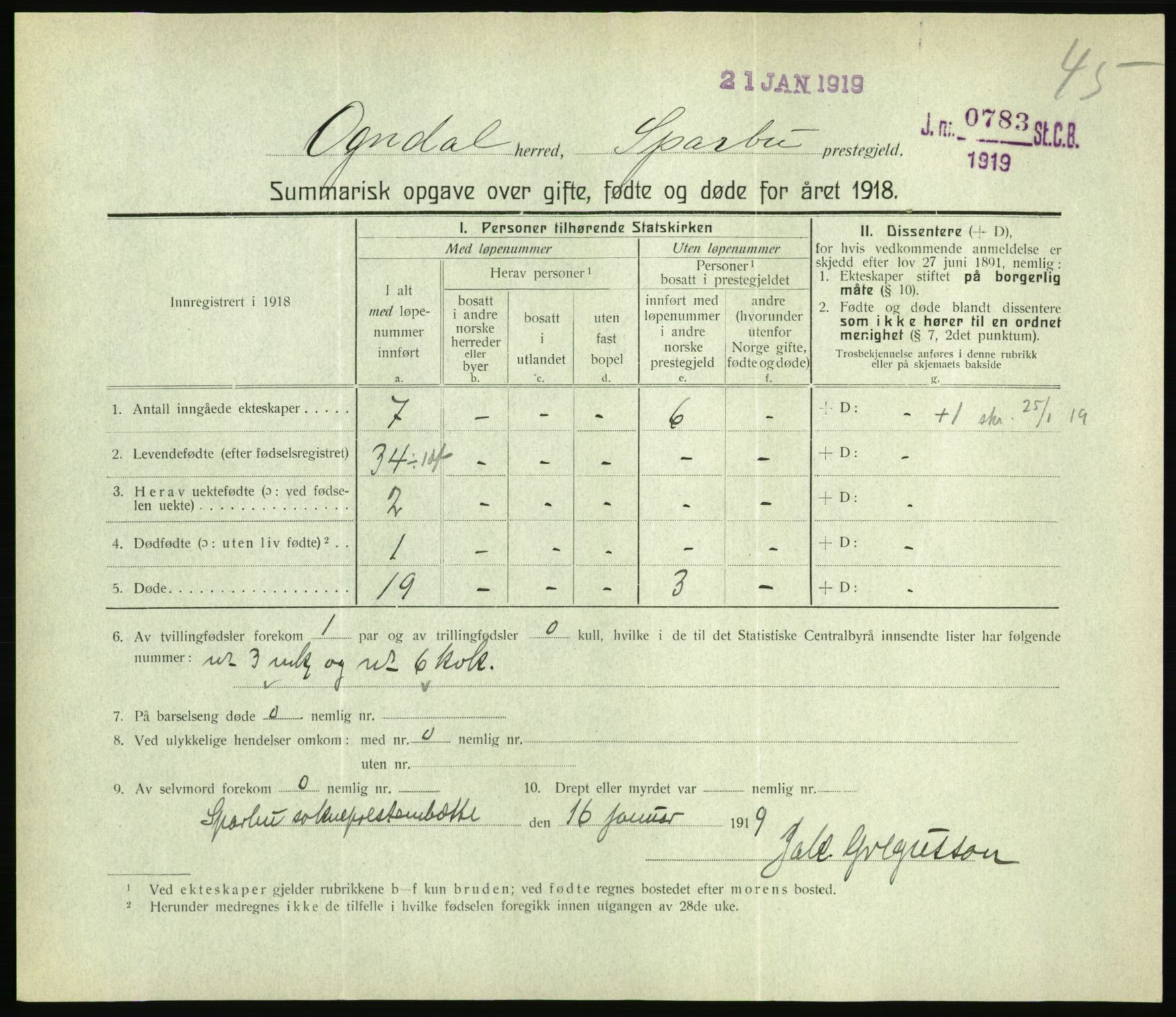 Statistisk sentralbyrå, Sosiodemografiske emner, Befolkning, RA/S-2228/D/Df/Dfb/Dfbh/L0059: Summariske oppgaver over gifte, fødte og døde for hele landet., 1918, p. 1407