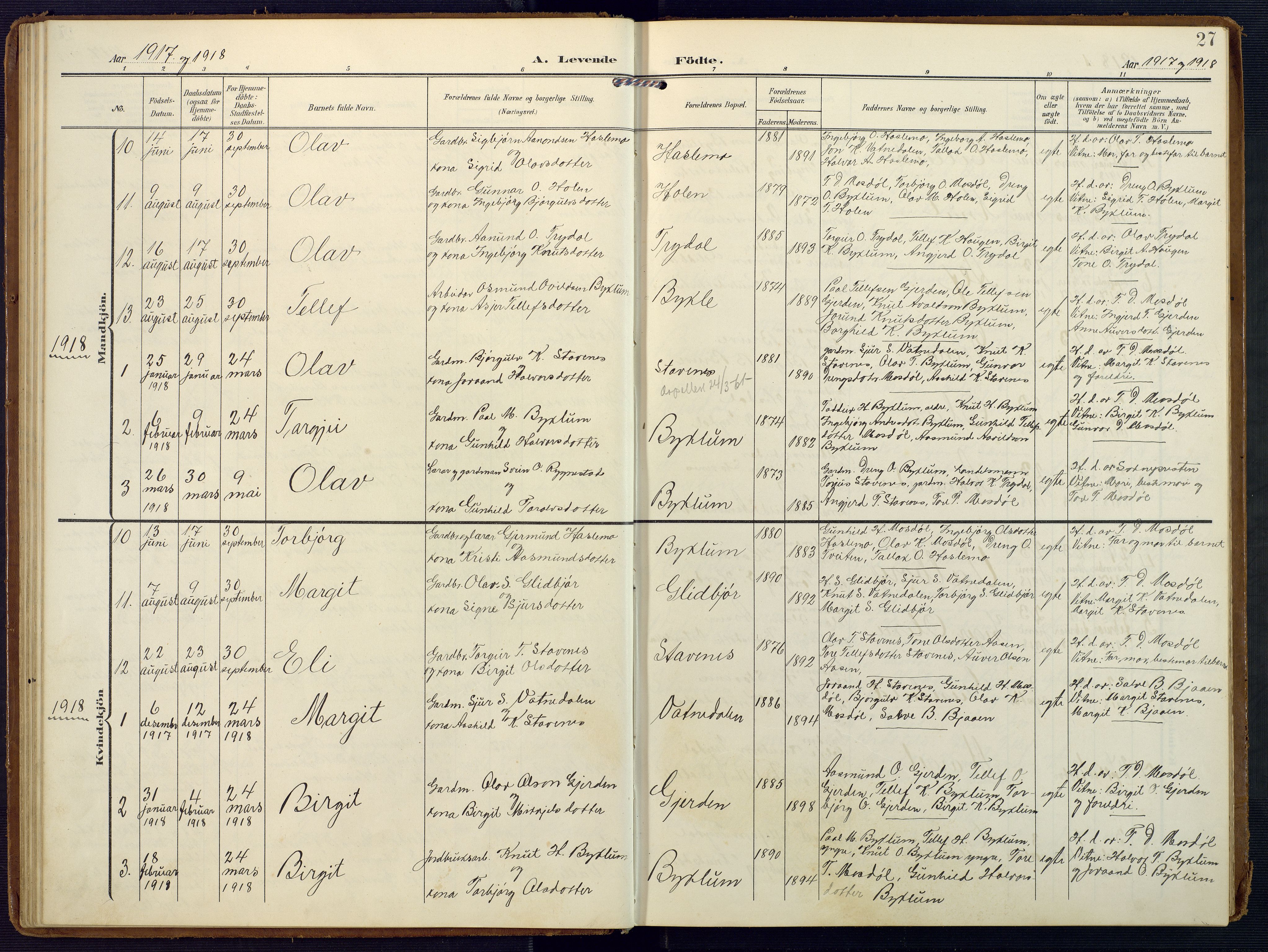 Valle sokneprestkontor, SAK/1111-0044/F/Fa/Faa/L0002: Parish register (official) no. A 2, 1907-1919, p. 27