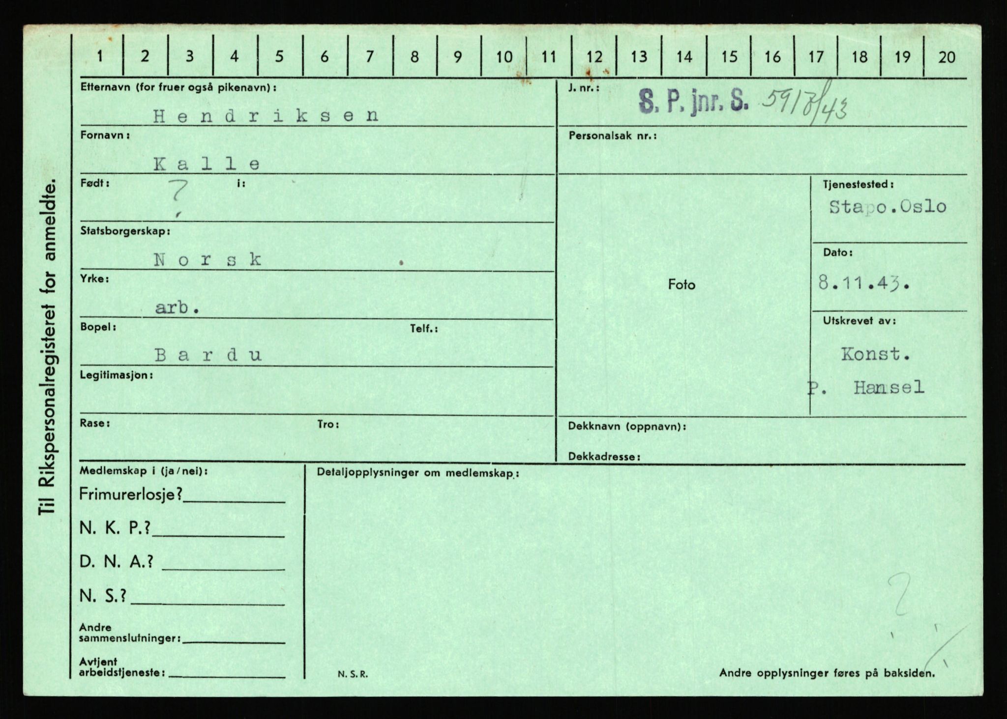 Statspolitiet - Hovedkontoret / Osloavdelingen, AV/RA-S-1329/C/Ca/L0006: Hanche - Hokstvedt, 1943-1945, p. 3573