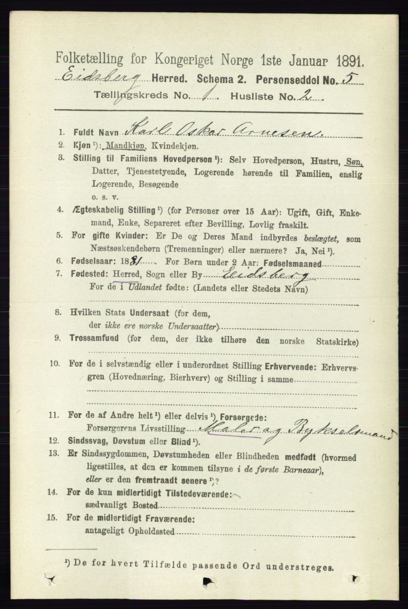 RA, 1891 census for 0125 Eidsberg, 1891, p. 150